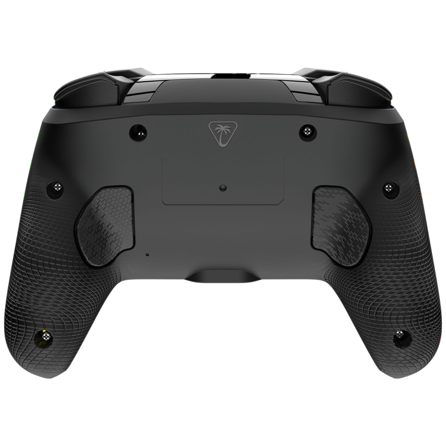 Achterkant van een zwarte controller met getextureerde handgrepen en schouderknoppen.
