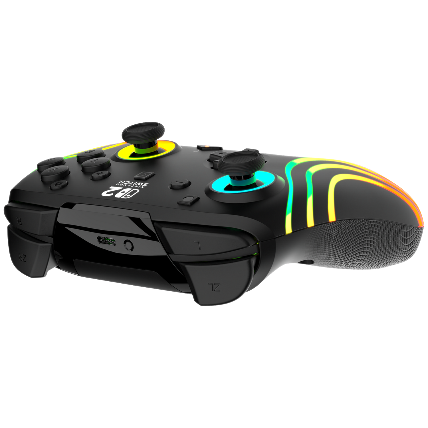 Een zwarte Nintendo Switch controller met kleurrijke lichten op de joysticks en handvatten.