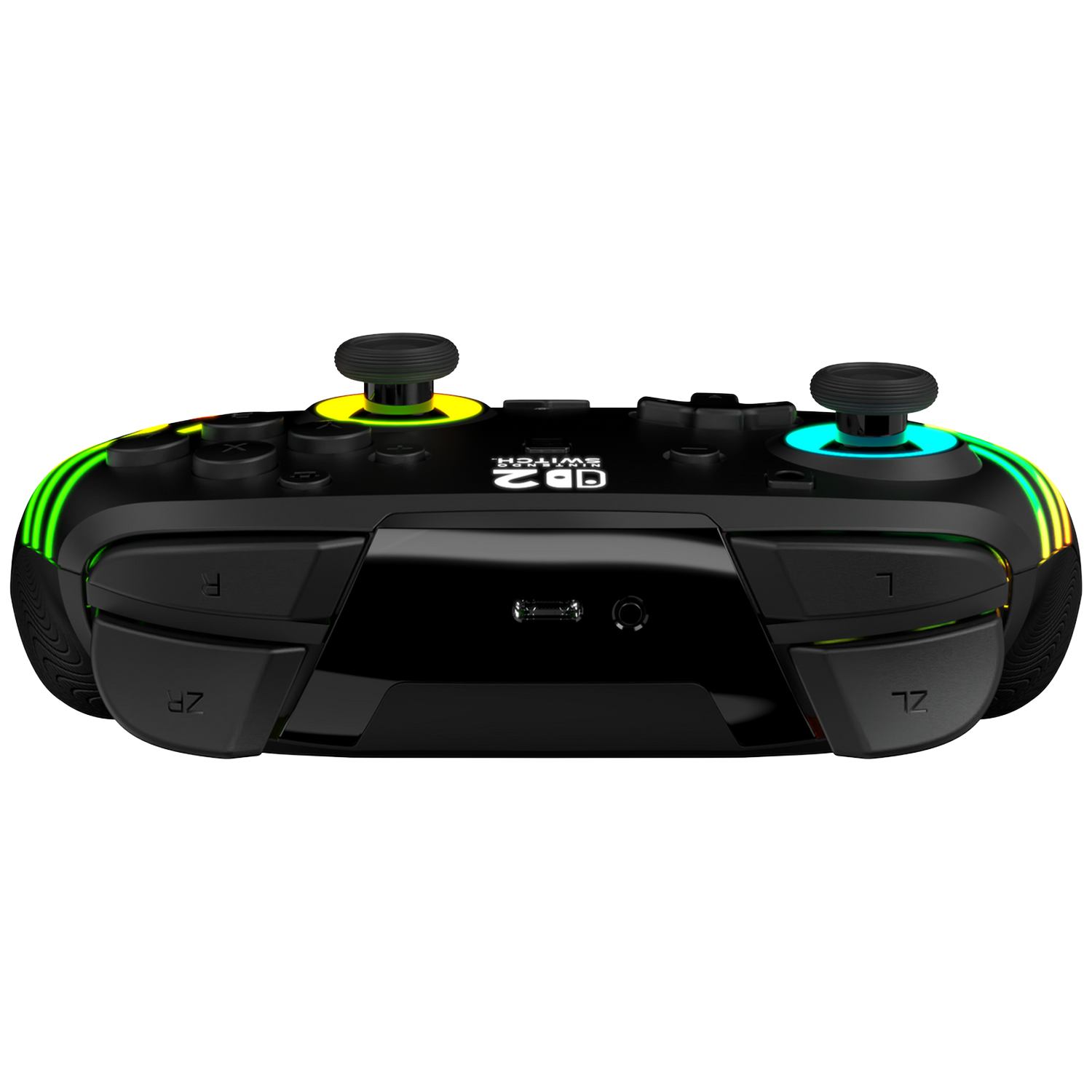 Zwarte gamingcontroller met kleurrijke lichten, twee joysticks en knoppen.