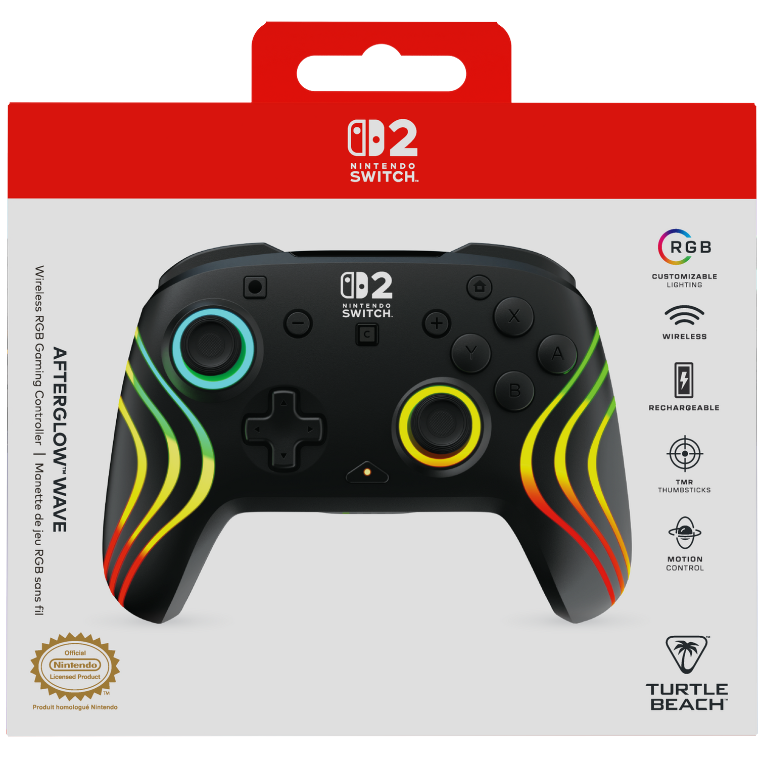 Zwarte Nintendo Switch controller met RGB-golven, "Afterglow Wave"-opschrift.