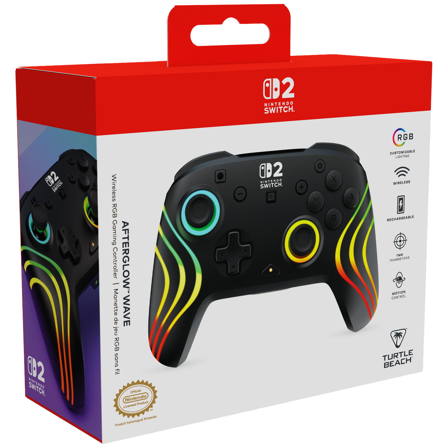 Zwarte Nintendo Switch controller met RGB-golfverlichting op witte doos.