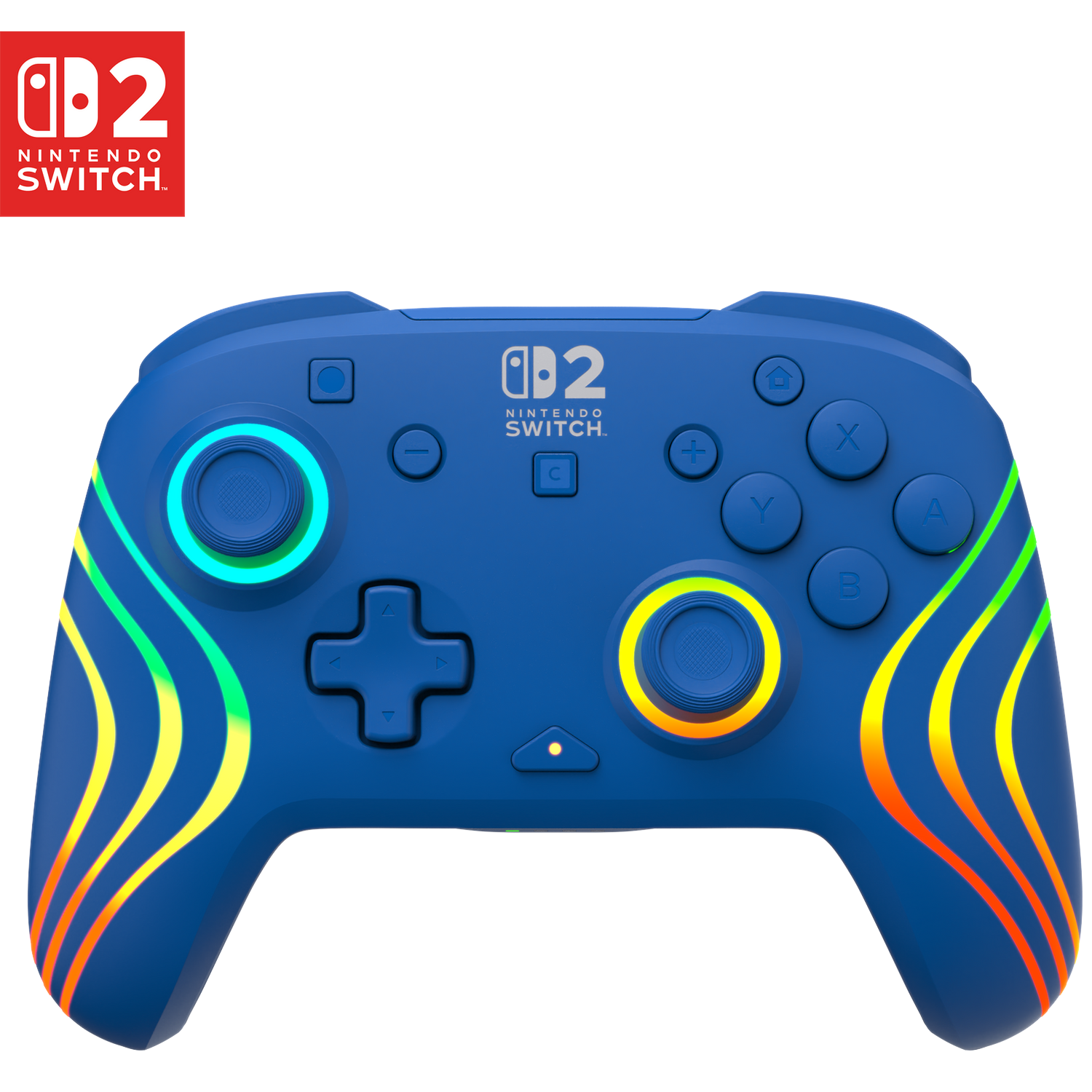 A blue Nintendo Switch controller with illuminated wavy patterns in yellow, orange, and green.