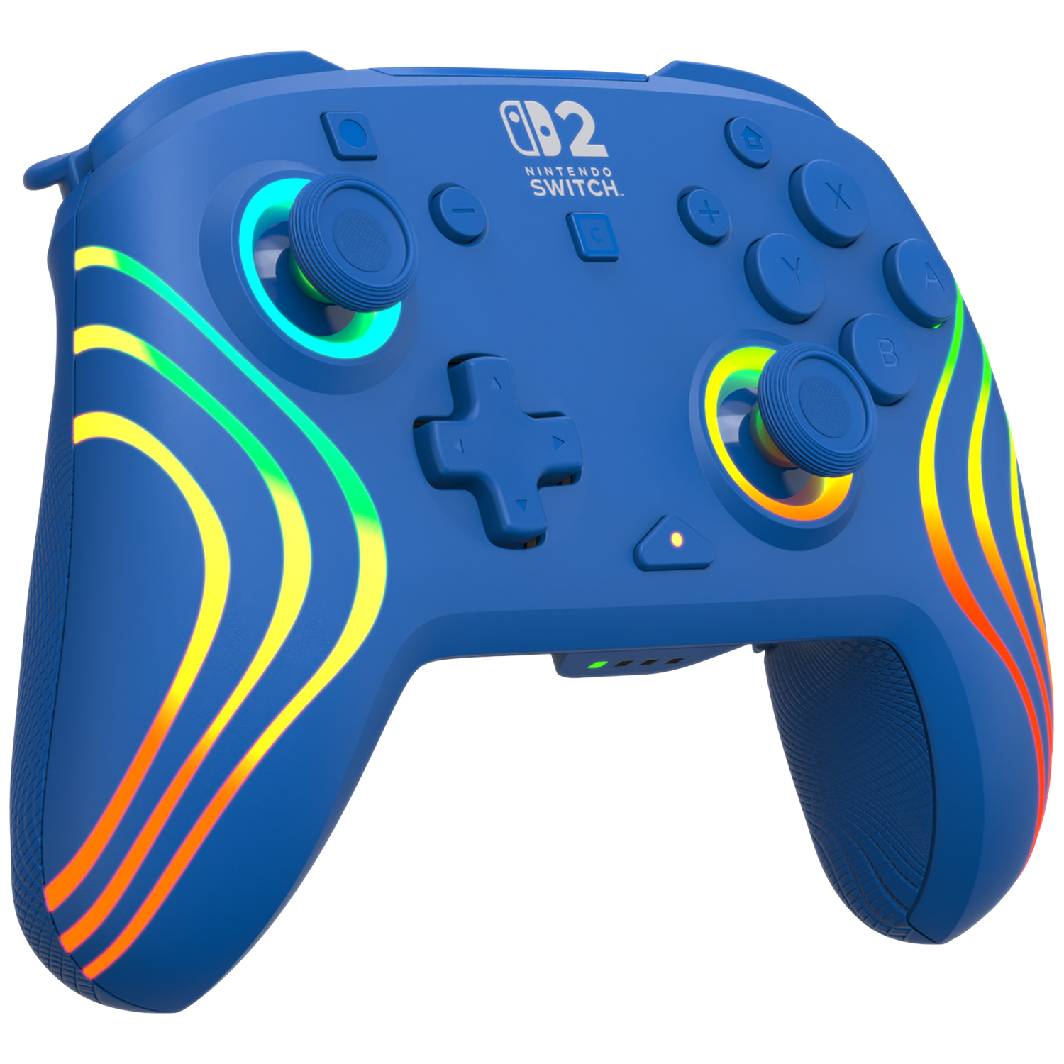 A blue Nintendo Switch controller with colorful light stripes.