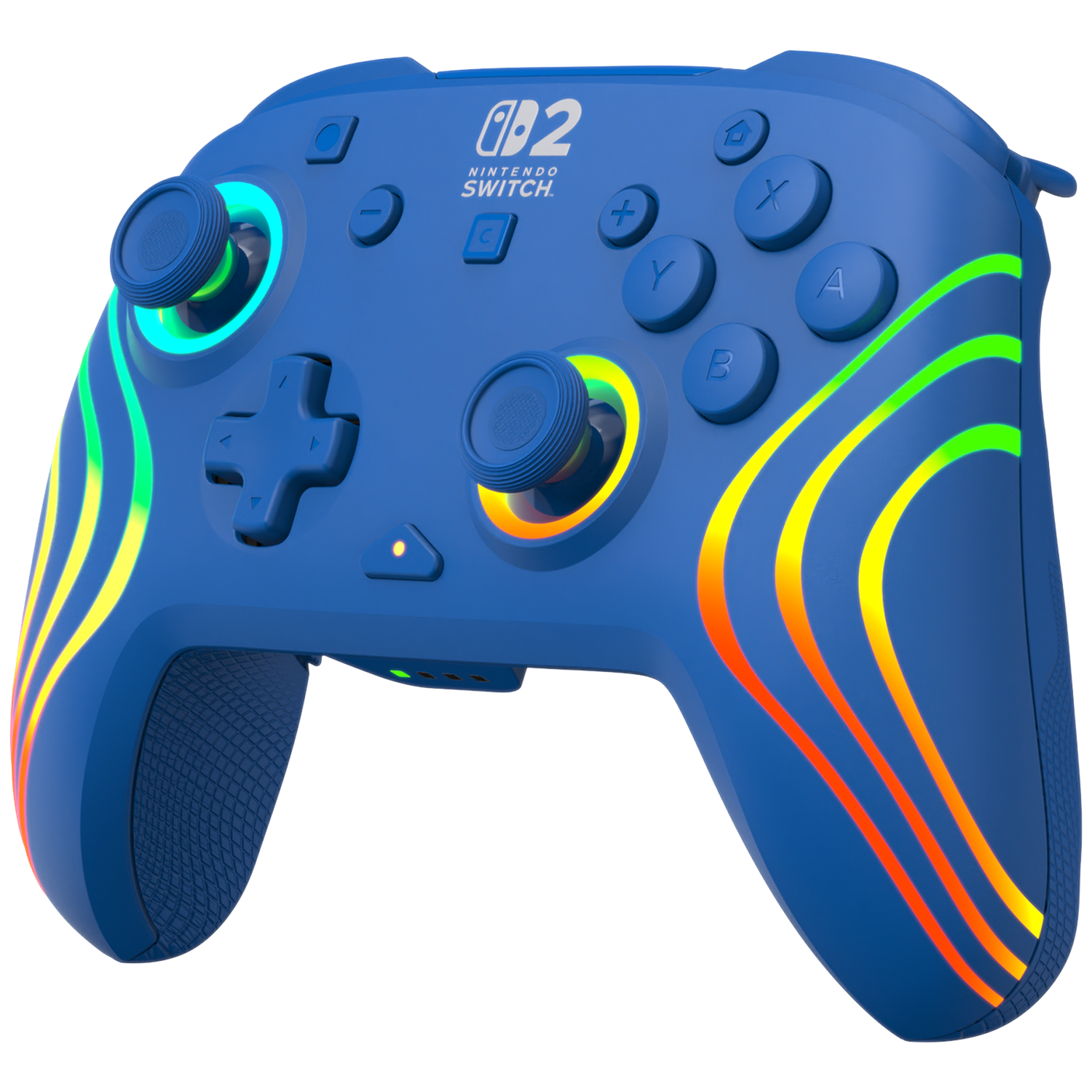 A blue Nintendo Switch controller with colorful light stripes