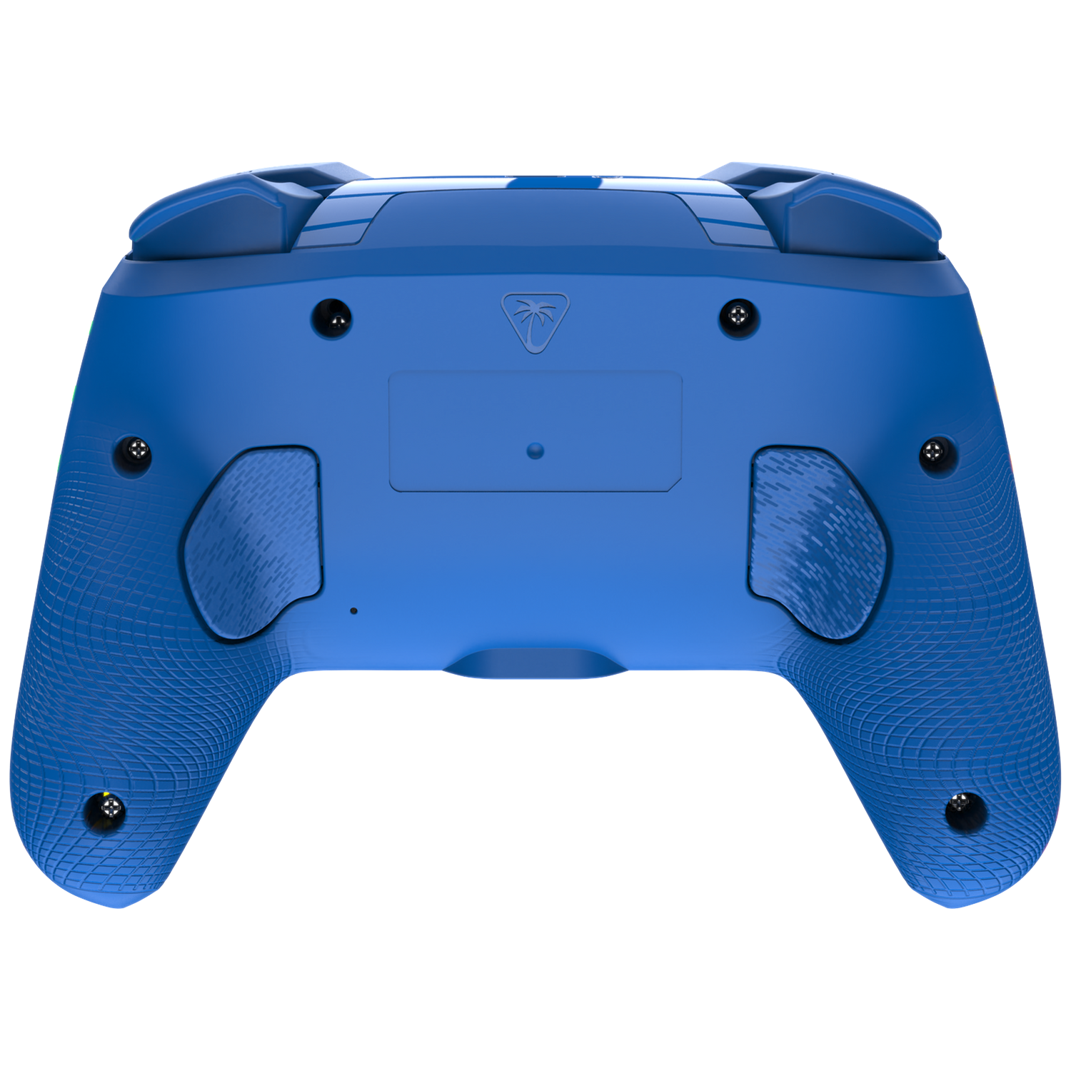 Blue gaming controller back with grip pattern and buttons.