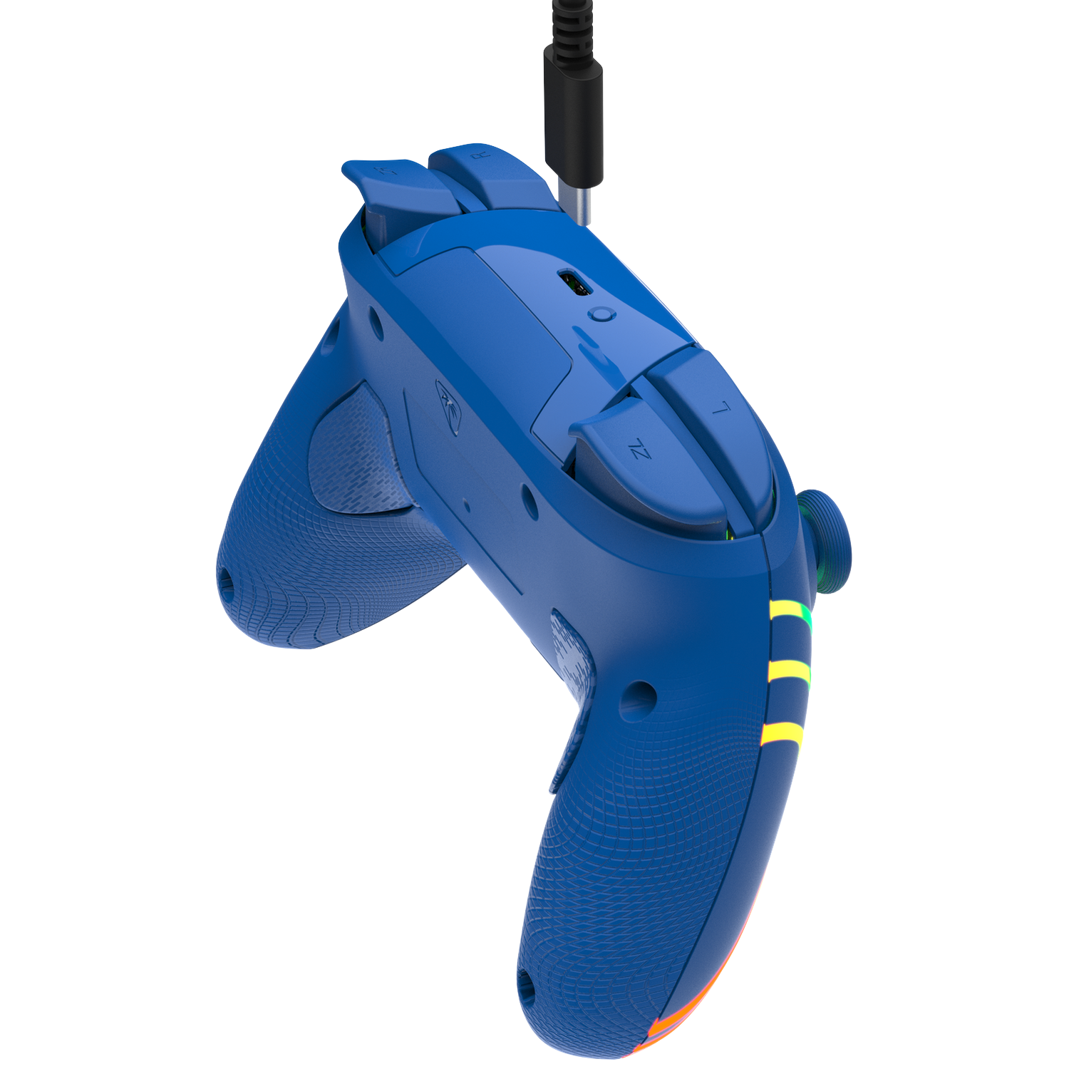 A blue gaming controller with a black cable plugged into the top.