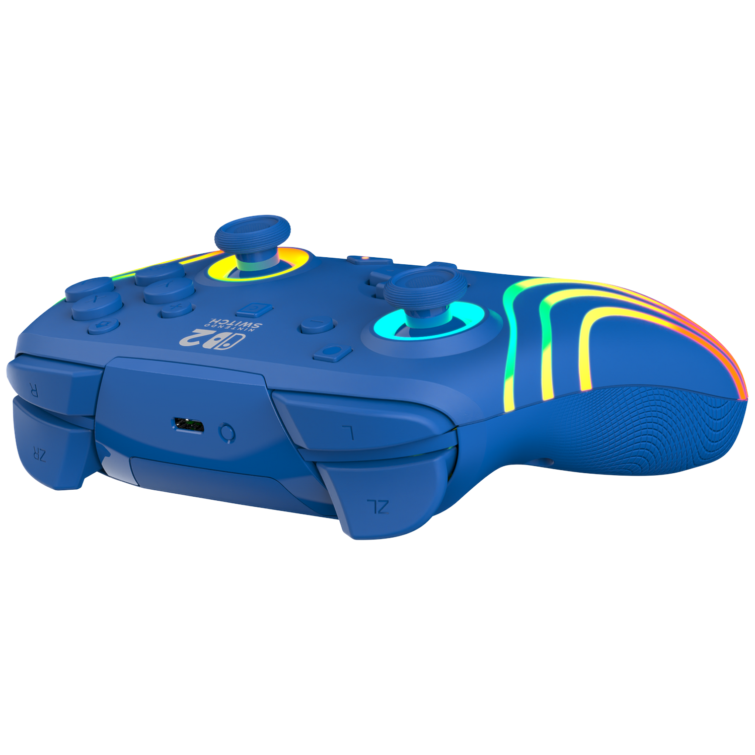 A blue Nintendo Switch controller with colorful light stripes on the right side.