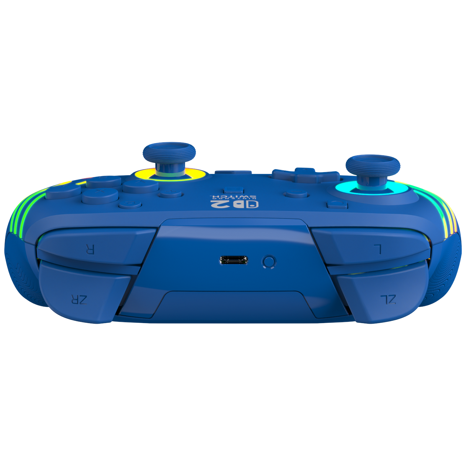 A blue Nintendo Switch Pro controller with yellow and teal lighting accents.