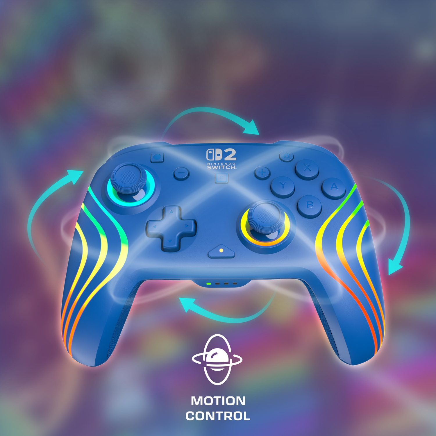 Blue Nintendo Switch controller with colorful lights and motion control icon.