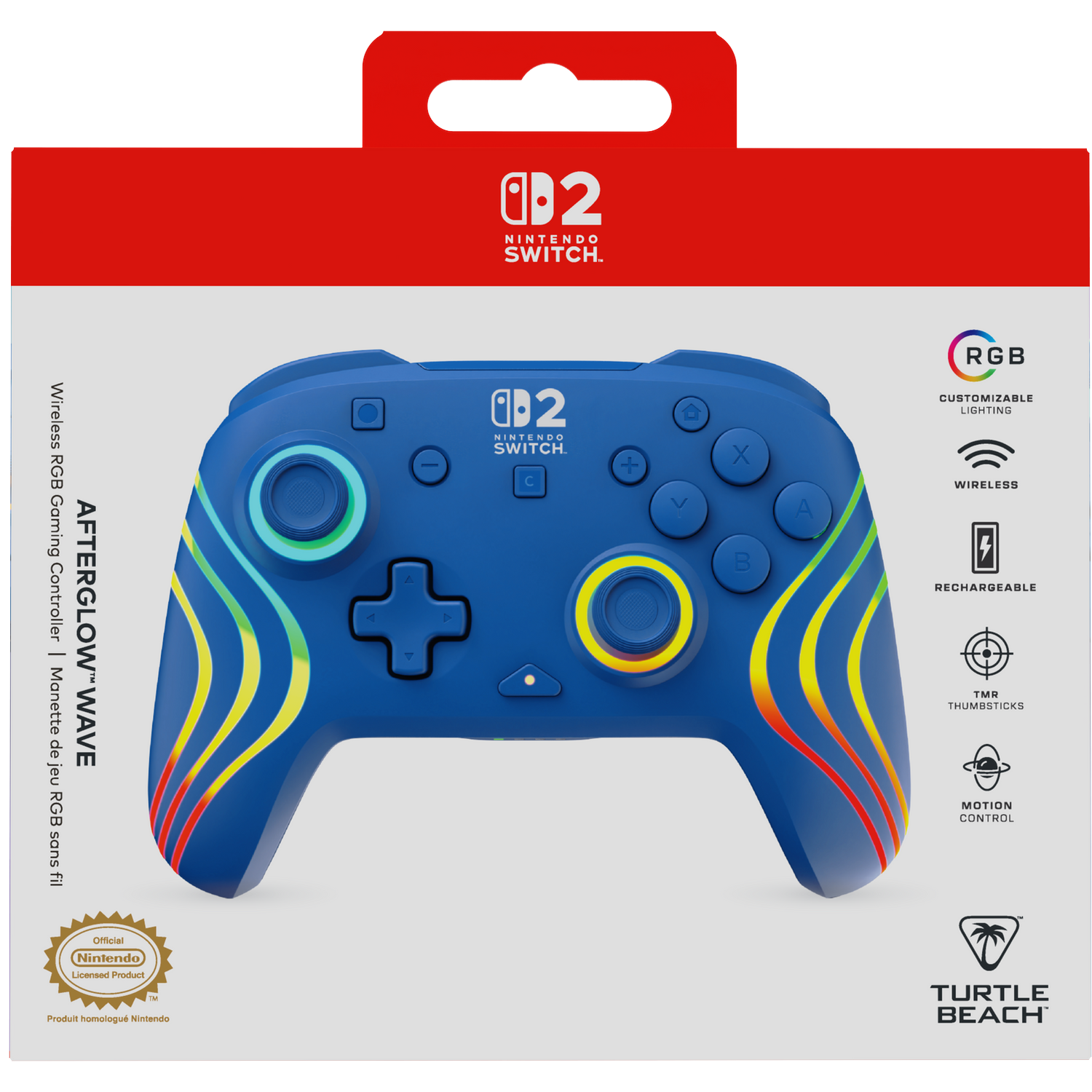 A blue Nintendo Switch controller featuring RGB wave patterns and Turtle Beach logos.