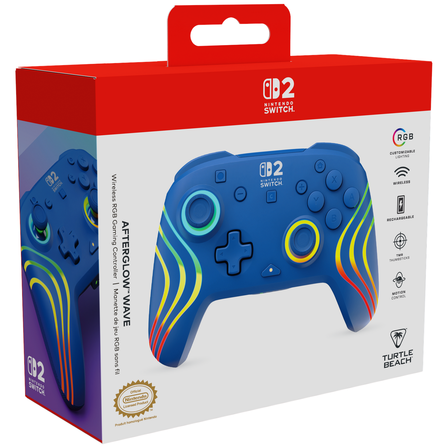 Blue Nintendo Switch Afterglow Wave controller packaging with colorful wave design.