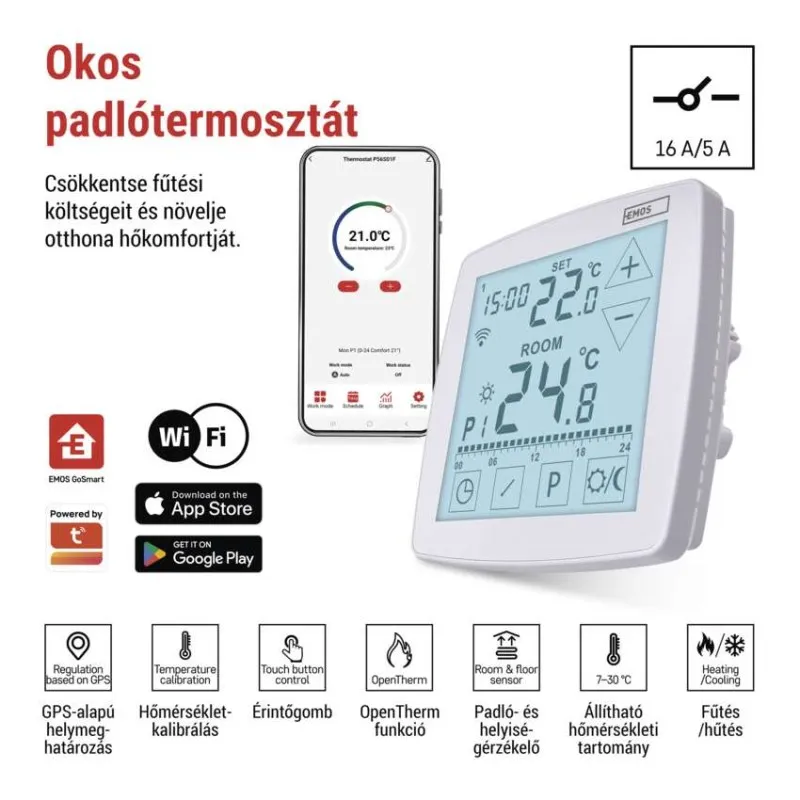 Okos termosztát applikációval, szoba- és beállított hőmérsékletet, ikonokat mutat.