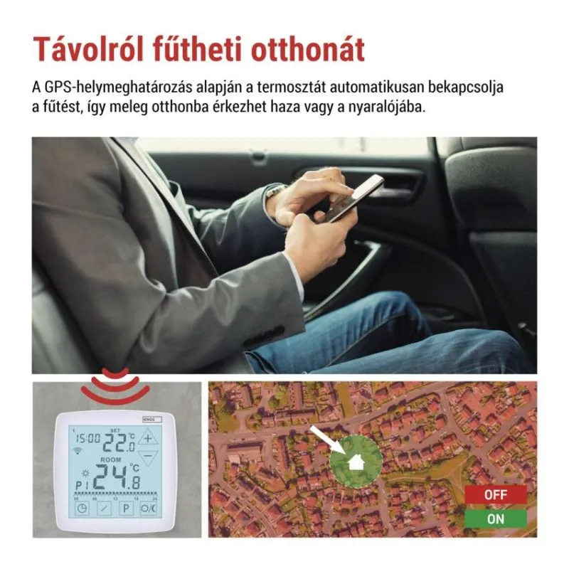 Férfi autóban telefont használ. Termosztát és város térkép ház ikonnal.