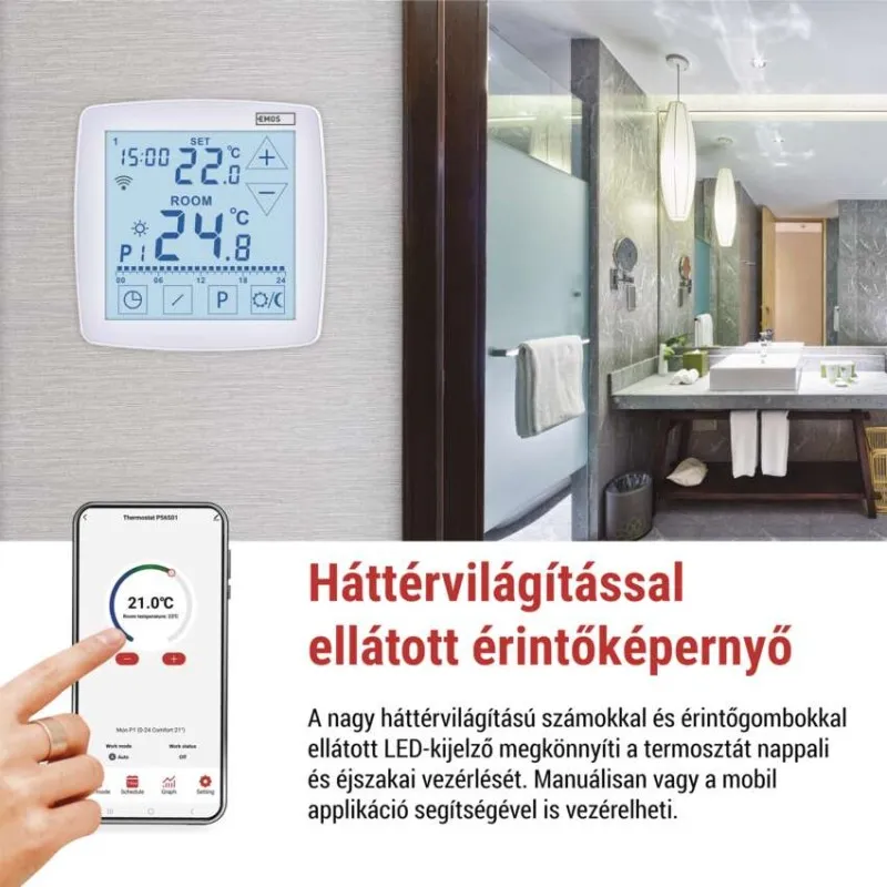 Digitális termosztát a falon, mellette okostelefon appal és fürdőszoba.