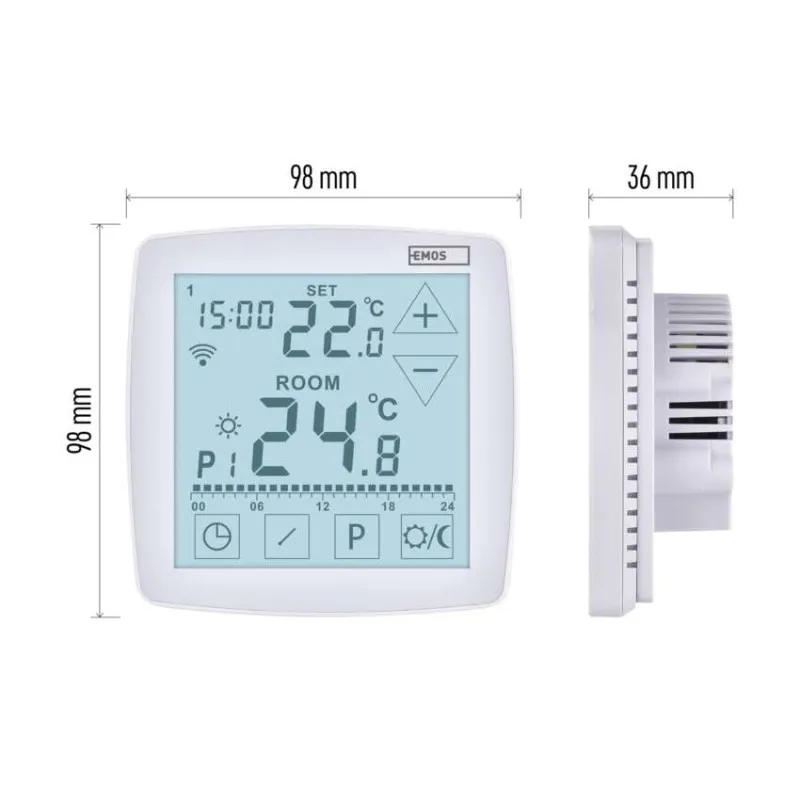 Fehér termosztát digitális kijelzővel, 22,8°C beállított és 24,8°C szobahőmérséklettel.