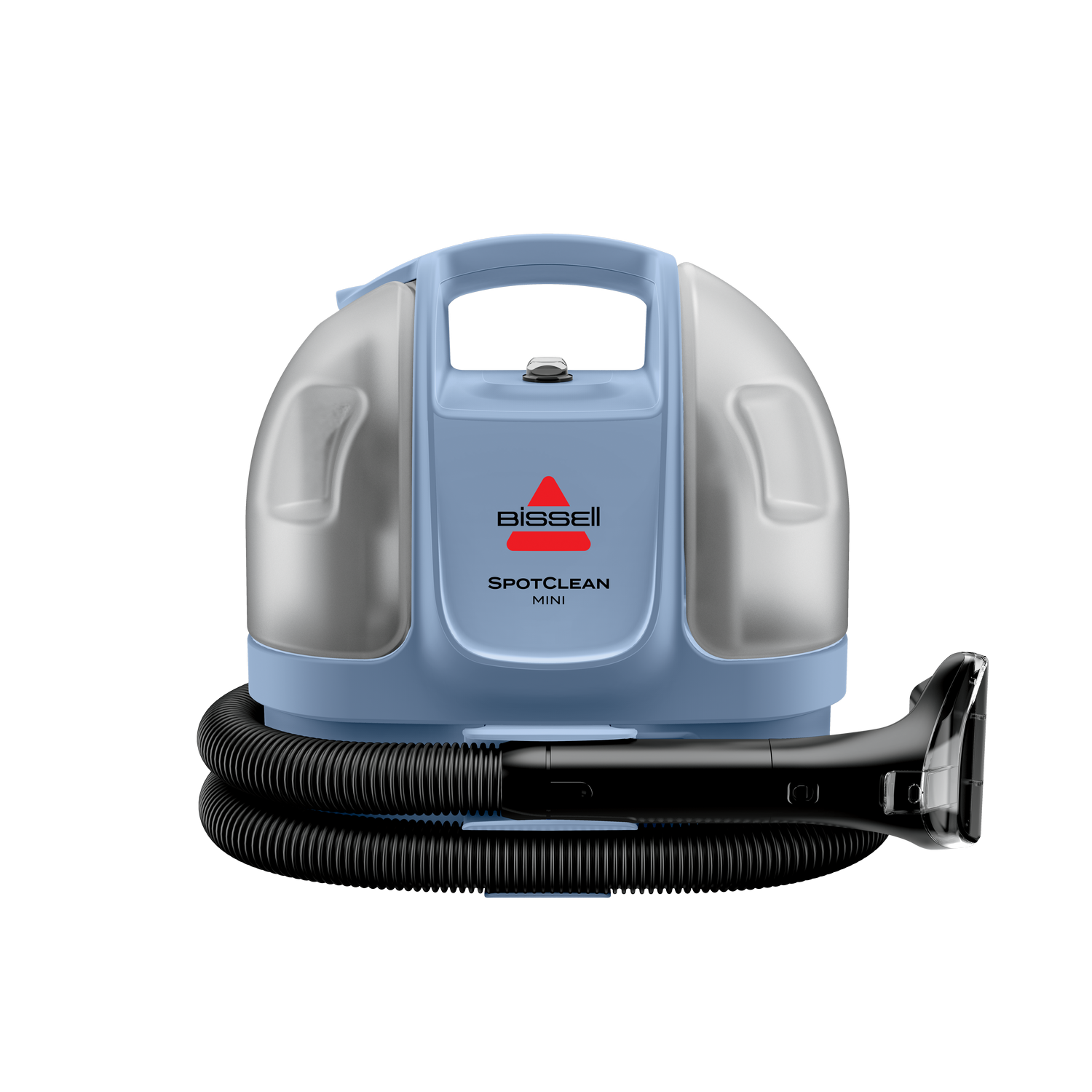 Un limpiador de alfombras Bissell SpotClean Mini azul con manguera y boquilla.