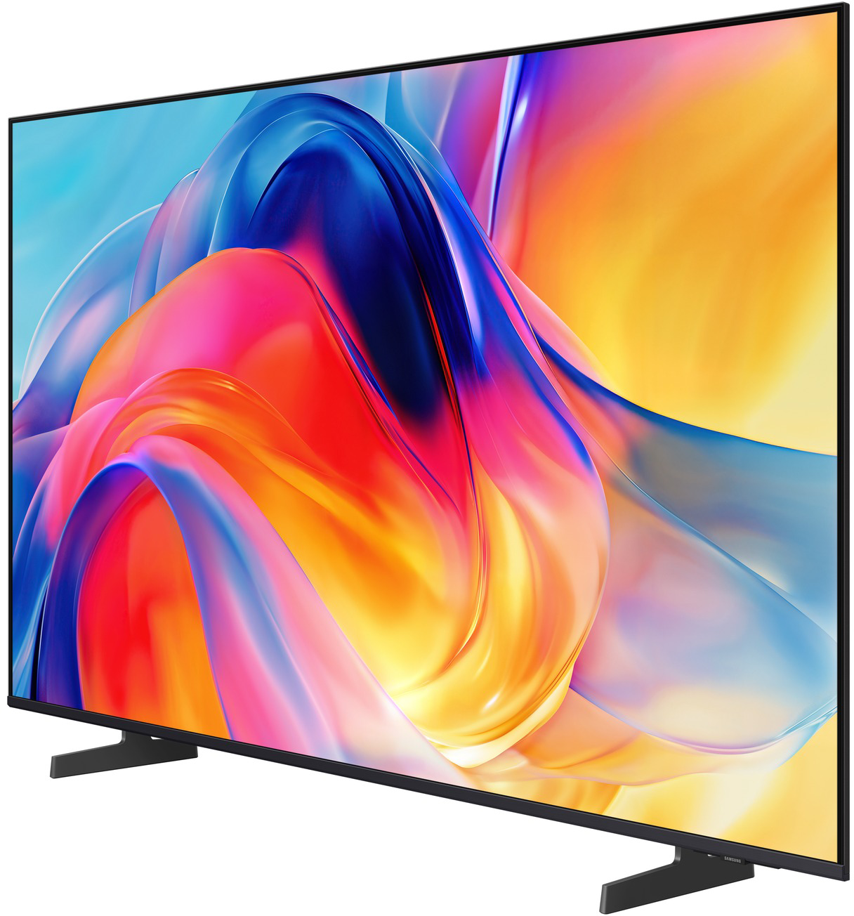 Egy modern síkképernyős televízió, amely absztrakt, színes képet jelenít meg a képernyőn.