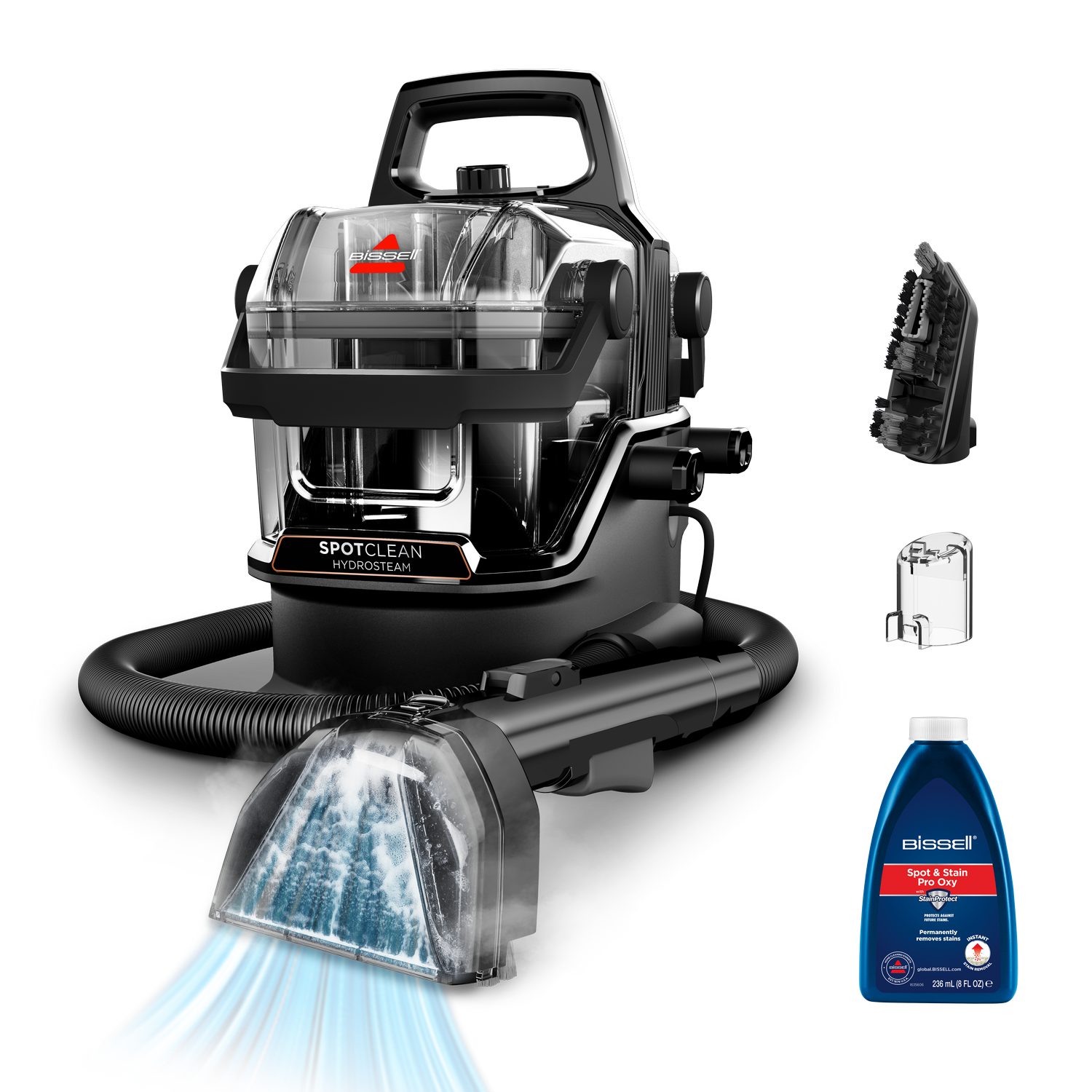 Un limpiador de alfombras Bissel SpotClean Hydrosteam con accesorios y solución limpiadora.