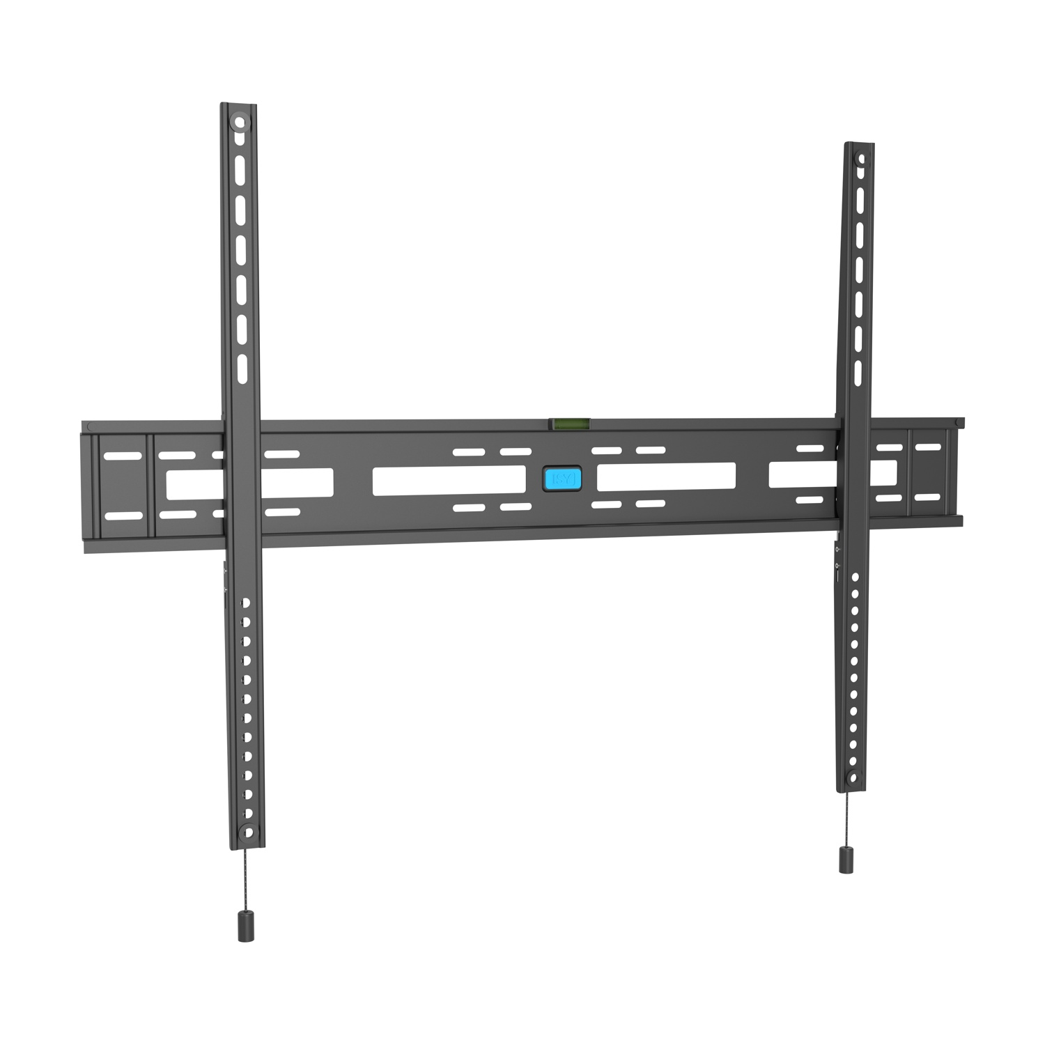 Un supporto da parete TV grigio con bracci regolabili e livella integrata.