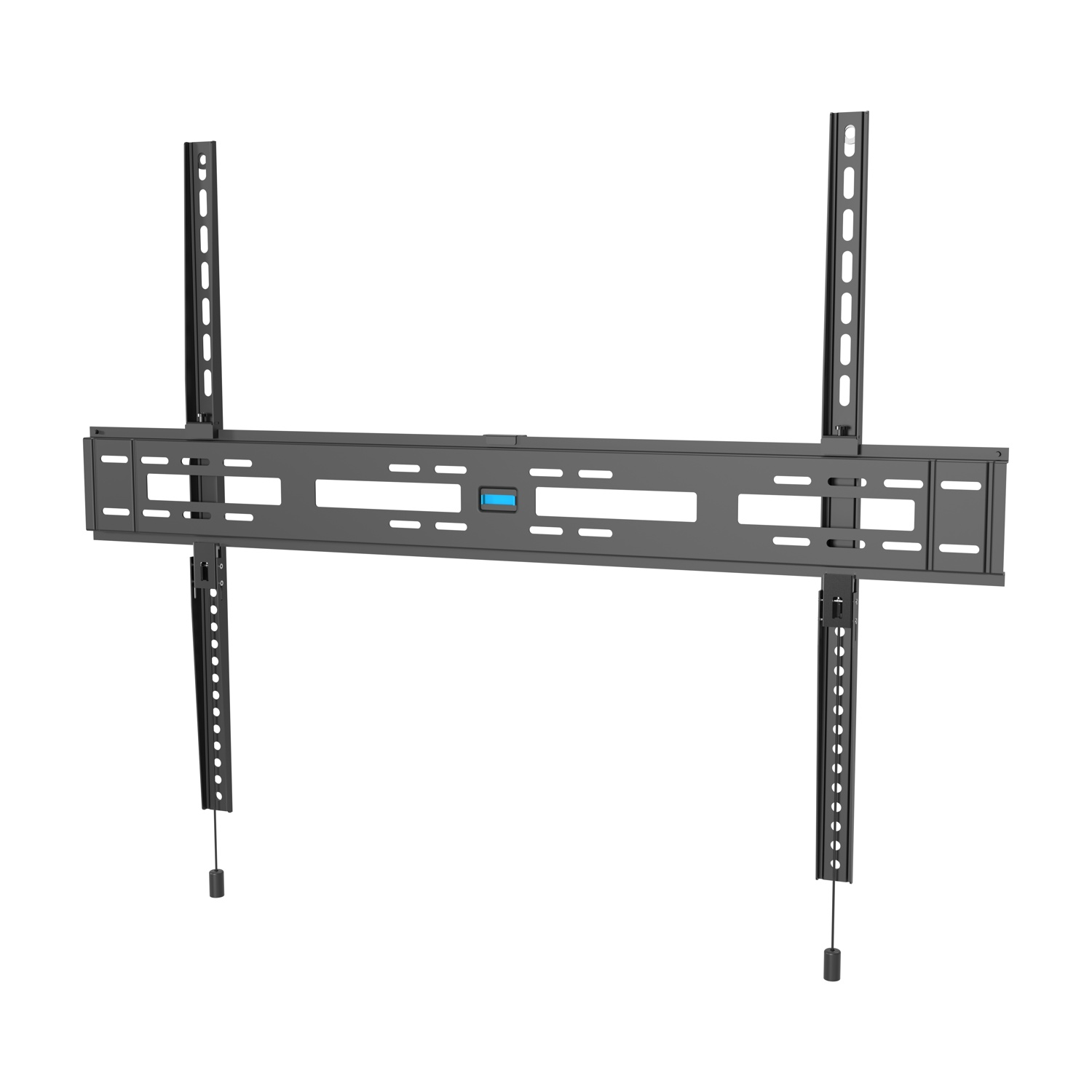 Supporto da parete nero per TV a schermo piatto con bracci regolabili e accento blu.