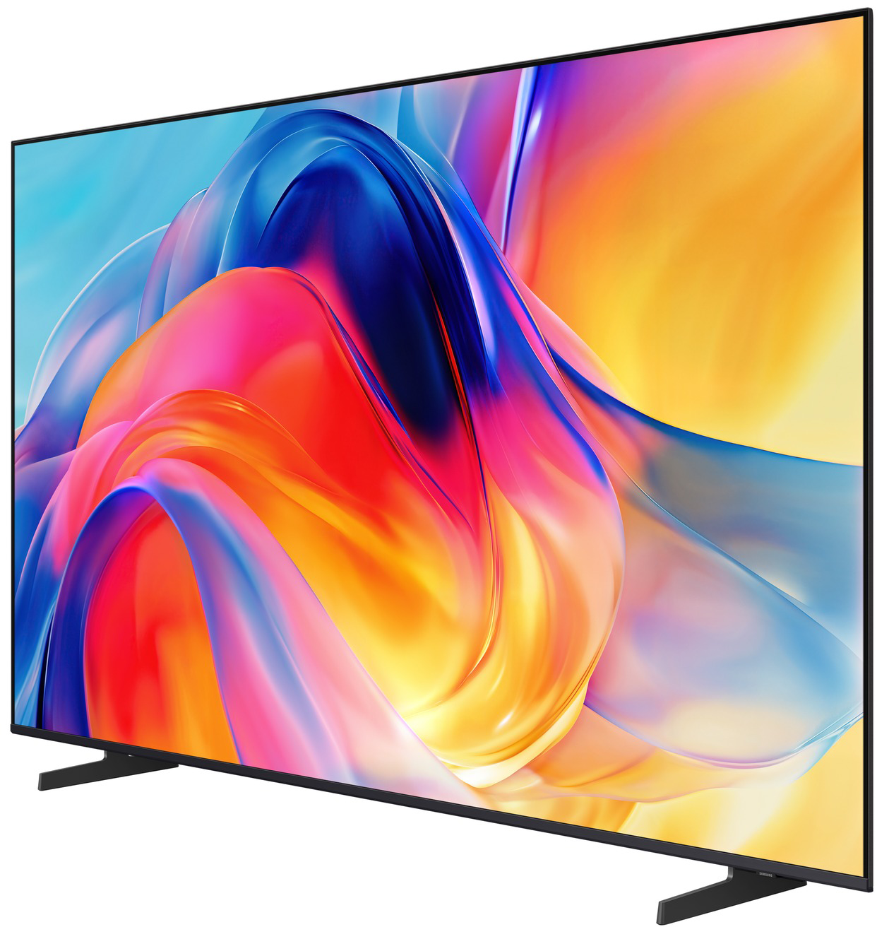 Egy modern fekete televízió színes, absztrakt háttérrel a képernyőjén.