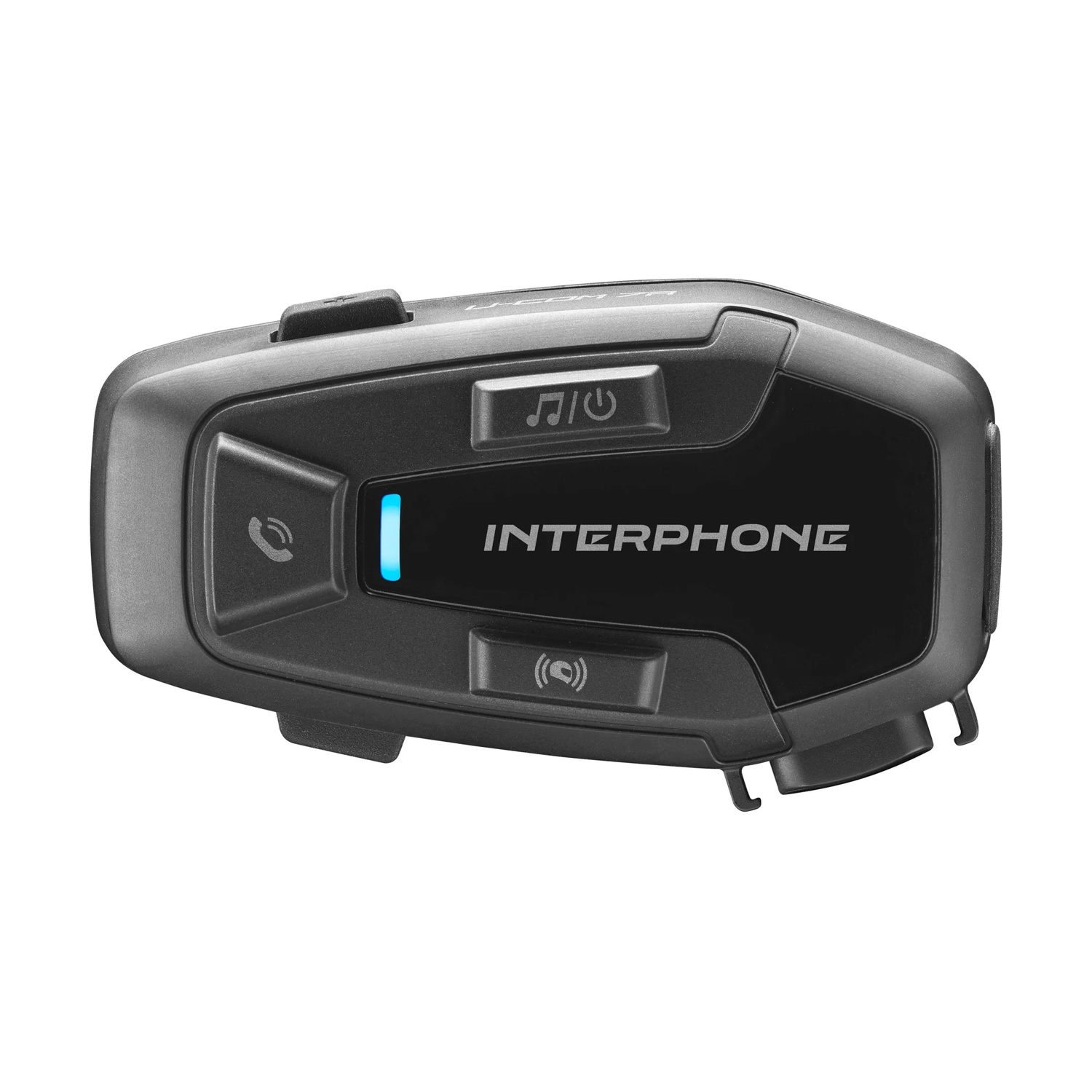 Dispositivo di comunicazione nero con icone musicali, telefoniche e Wi-Fi e una luce LED blu.