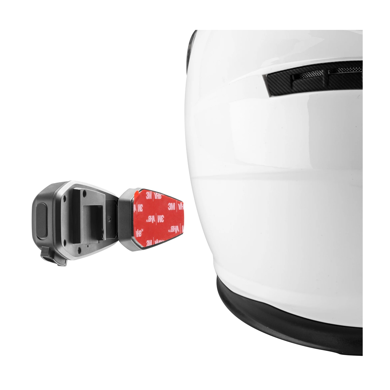 Supporto casco grigio con nastro adesivo rosso 3M VHB su casco bianco.