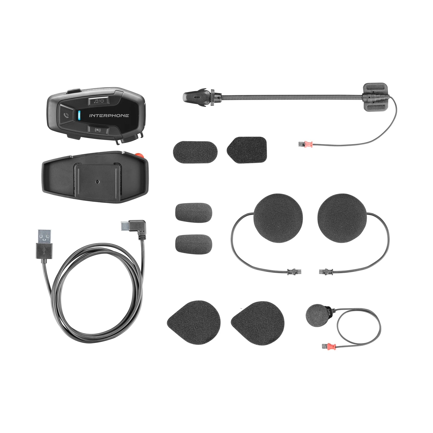 Set comunicazione Interphone con auricolare, microfoni, cavi e supporti.