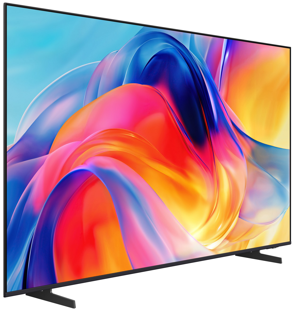 Egy modern fekete TV élénk absztrakt képet mutat kék, rózsaszín és narancssárga örvénylő színekkel.