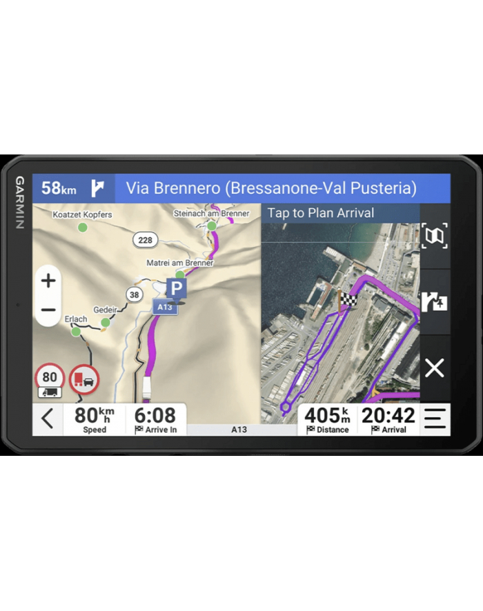 Nawigacja Garmin pokazuje mapę gór i miasta z trasą. Dystans 58km, czas 6:08.