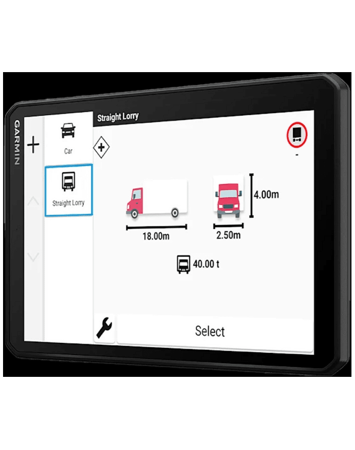 Ekran Garmin pokazujący wybór typu ciężarówki z wymiarami.