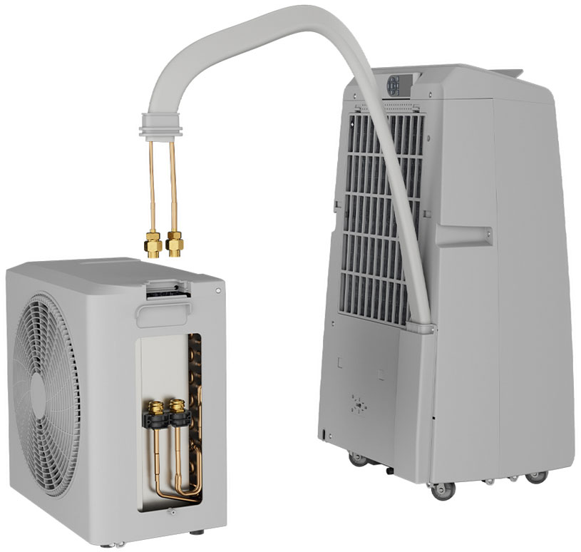 Due unità di condizionamento grigie collegate da un tubo. Una ha una griglia del ventilatore, l'altra tubi.