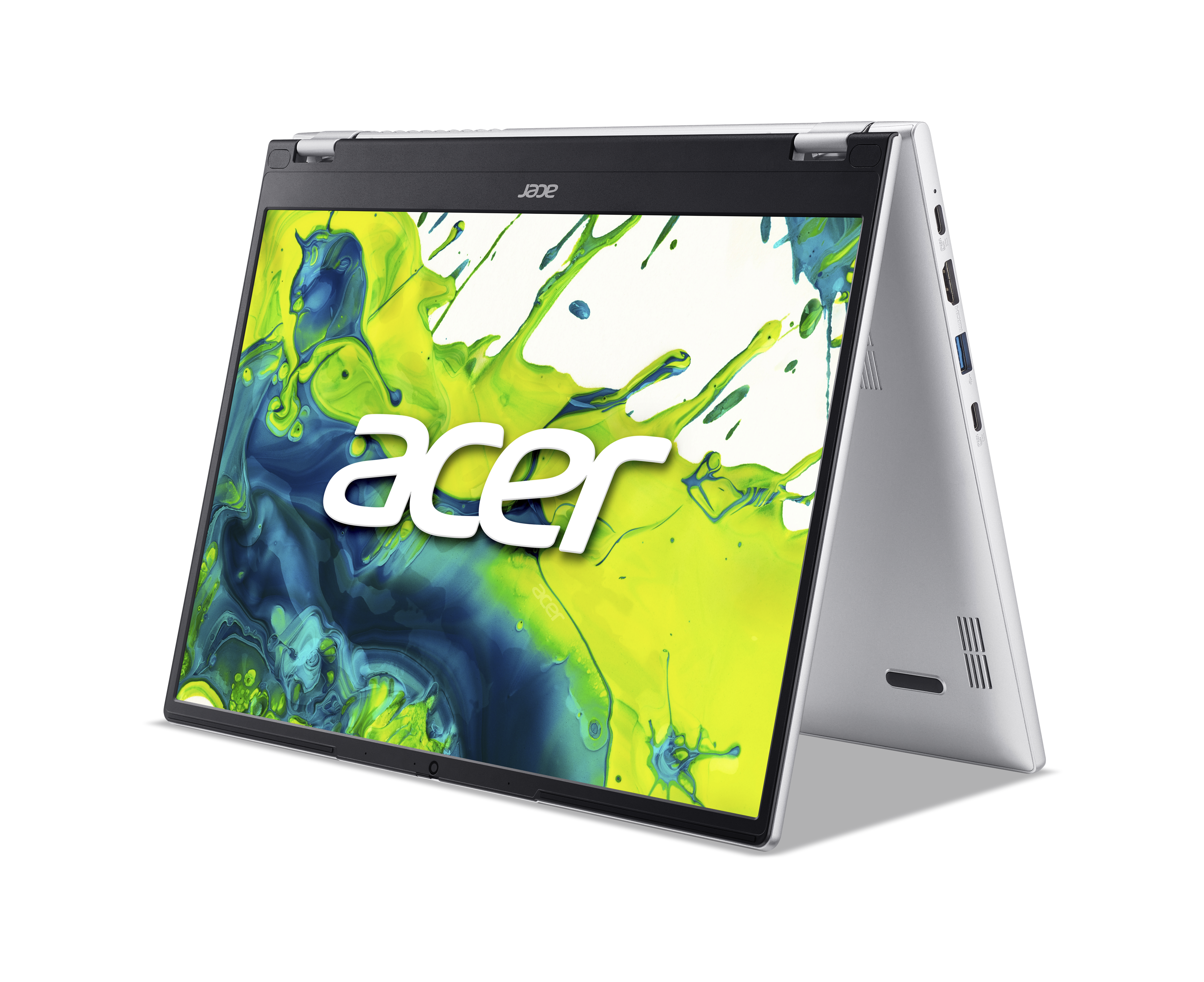 Ein silberner Acer Laptop im Zeltmodus mit bunter Splash-Art auf dem Bildschirm.