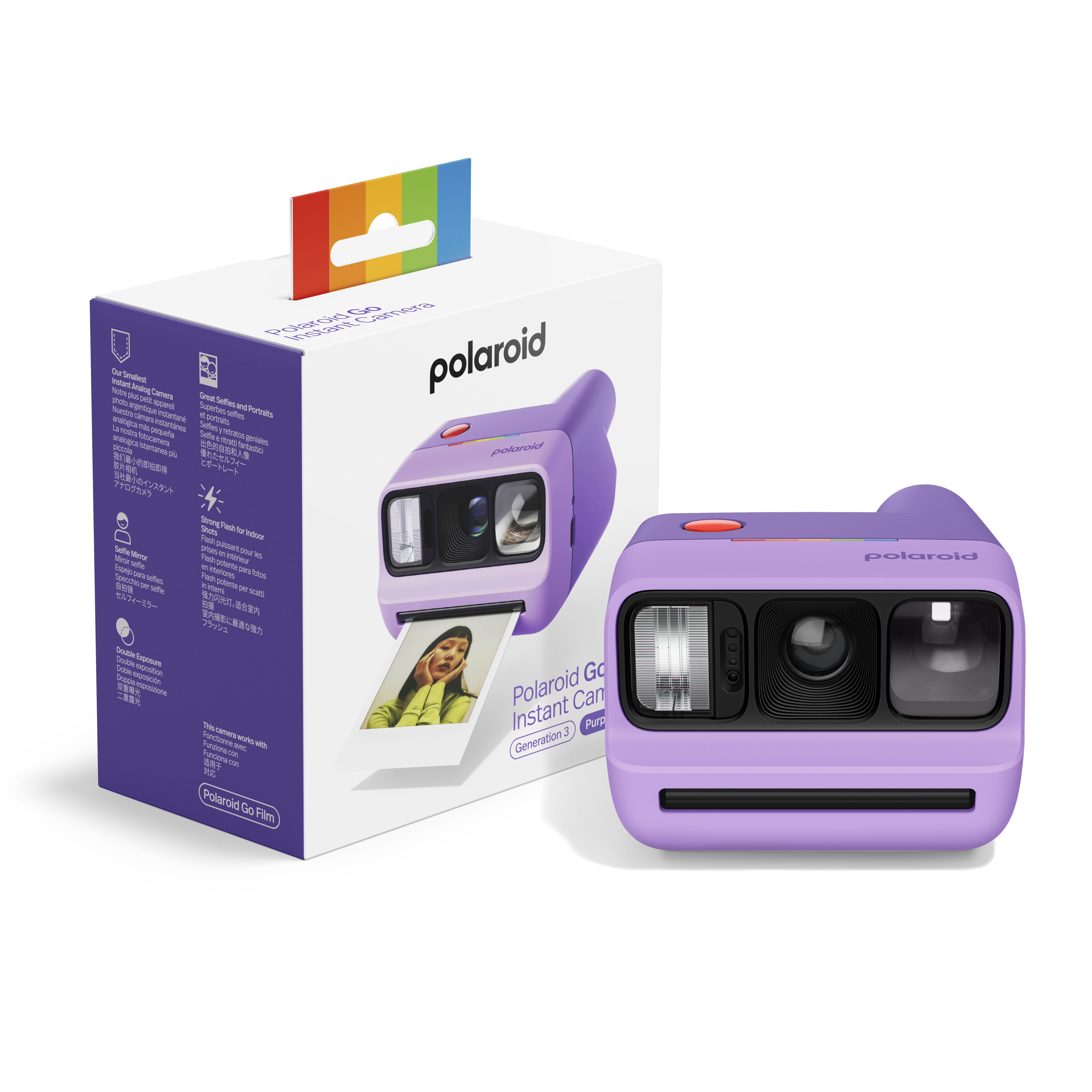 Lila Polaroid Go Sofortbildkamera mit Verpackung und einem gedruckten Foto.