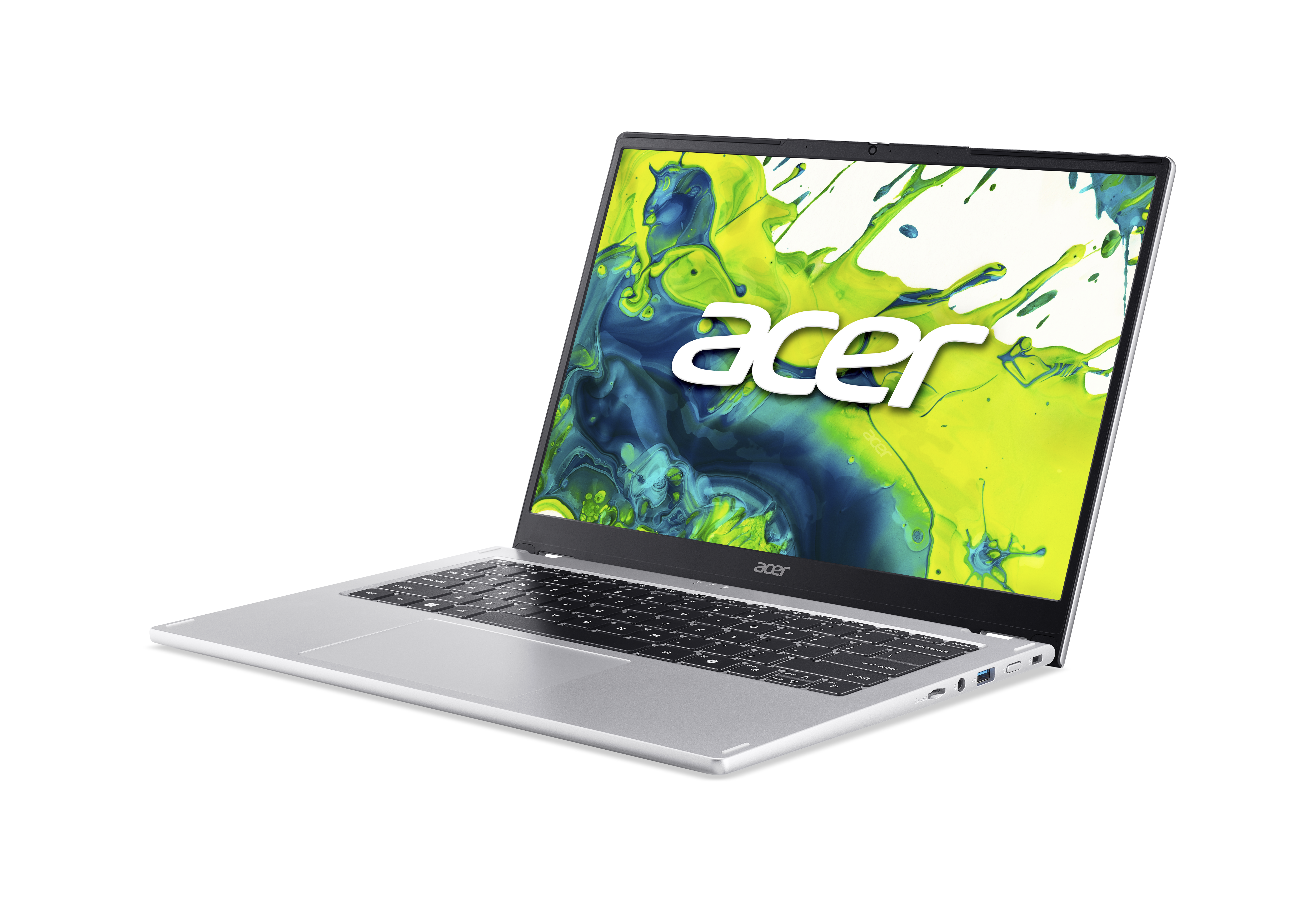 Ein silberner Laptop mit einem bunten Acer-Logo auf dem Bildschirm.