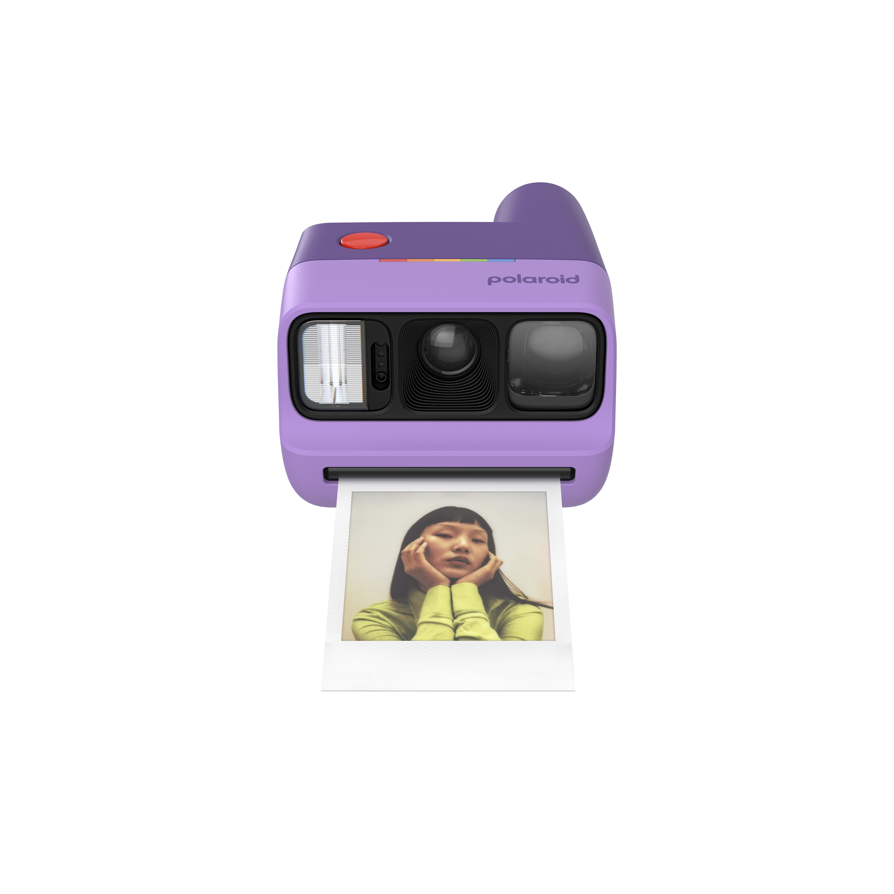 Lila Polaroid-Kamera mit einer jungen Frau auf dem Foto.