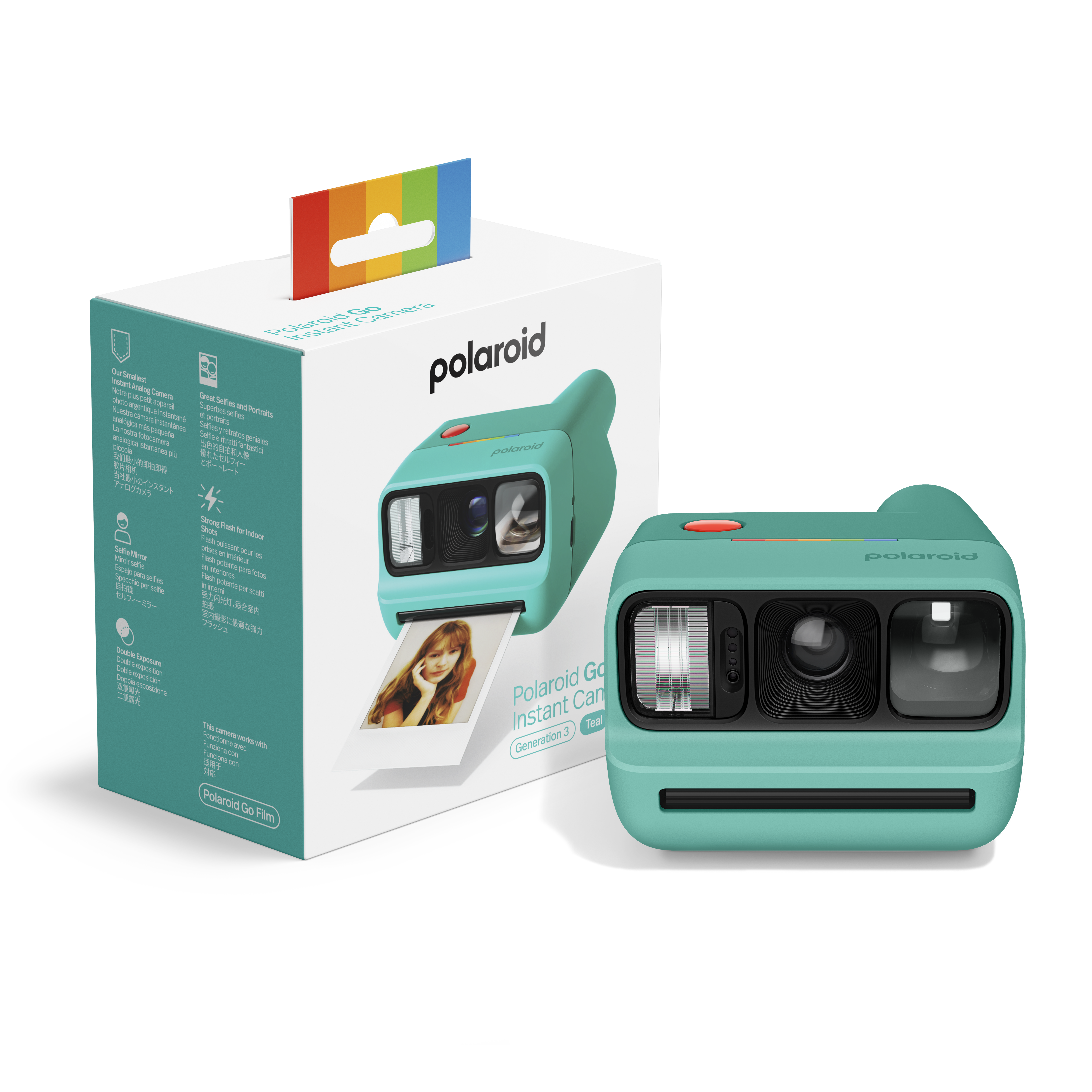 Ein türkisfarbener Polaroid Go Instant Camera-Karton mit einer Kamera und einem Foto.