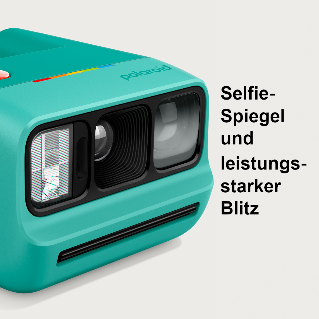 Türkisblaue Polaroid Kamera mit Blitz und Linse. Text: Selfie-Spiegel und leistungsstarker Blitz.
