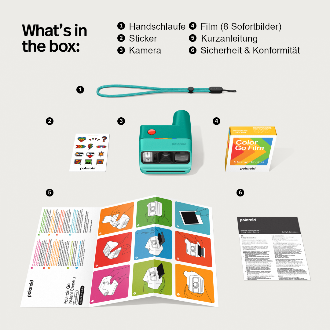 Inhalt der Polaroid Go Box: Handschlaufe, Sticker, Kamera, Film, Anleitung, Sicherheitshinweise.