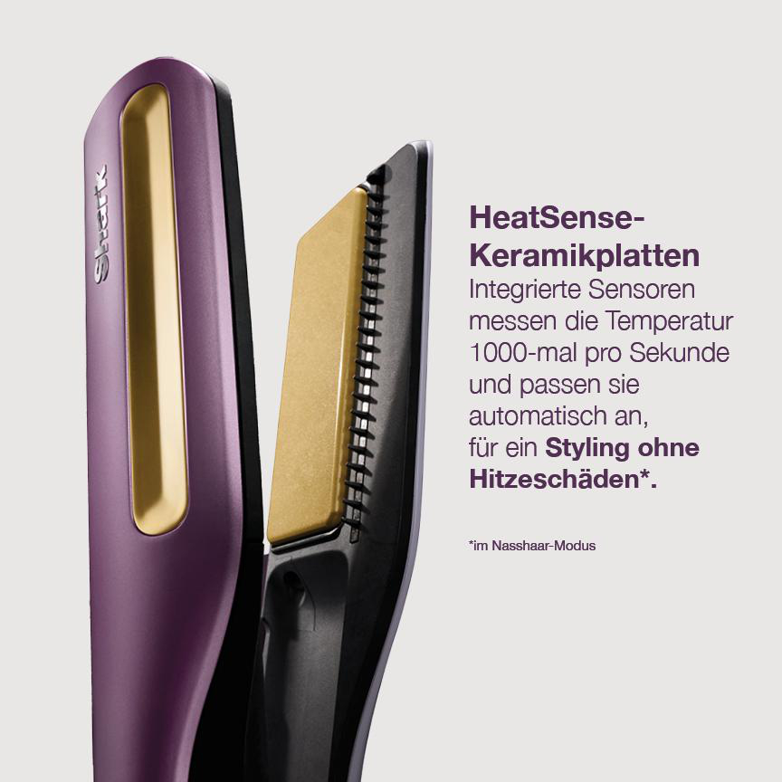 Lila und goldene Haarglätter mit "HeatSense"-Technologie für schonendes Styling.