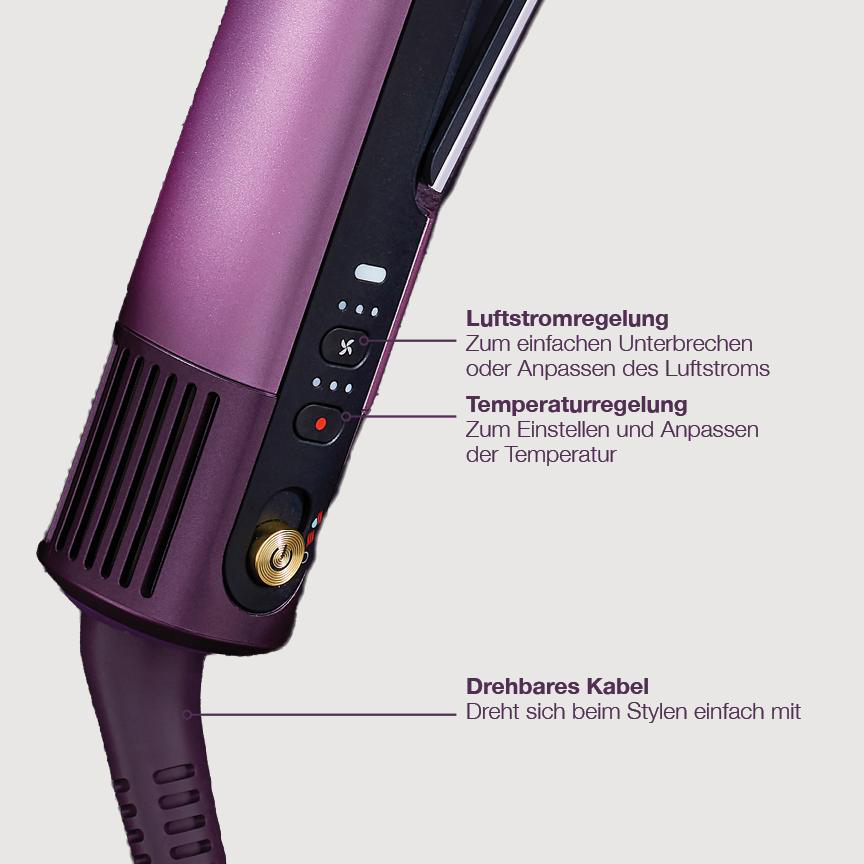 Lila Haartrockner mit Bedienelementen: Luftstrom, Temperatur und drehbares Kabel.