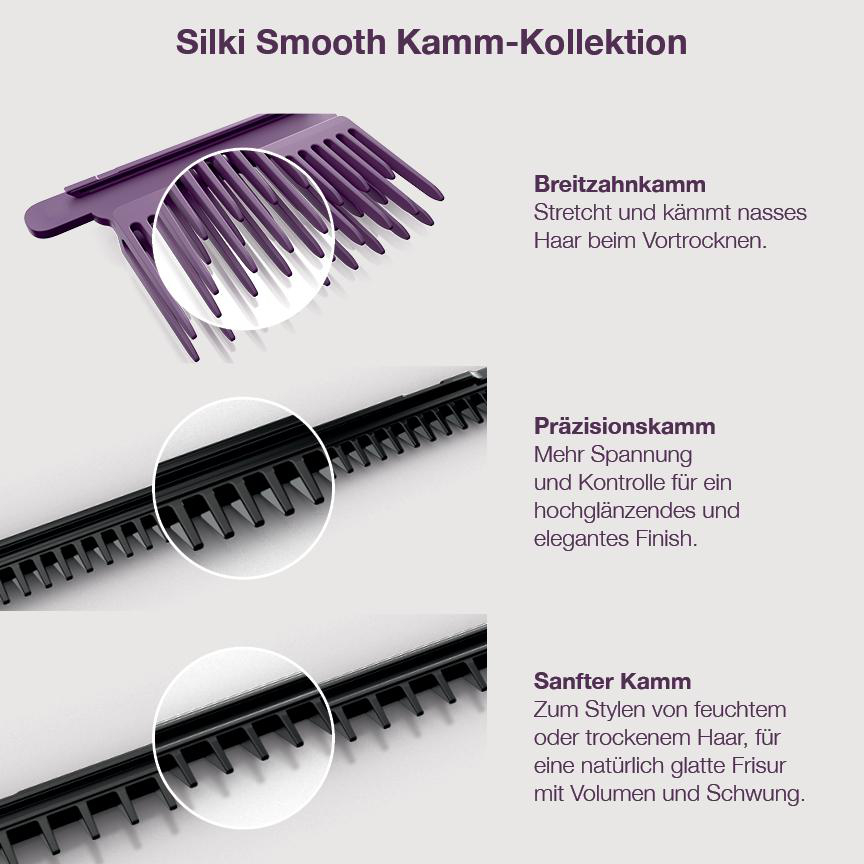 Drei Kämme: lila Breit-, schwarzer Präzisions- und schwarzer Sanfter Kamm.