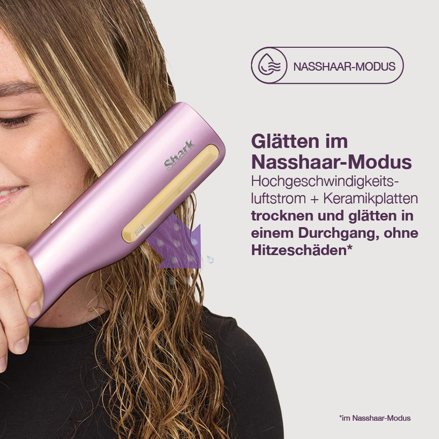 Frau glättet nasses Haar mit einem lila Shark-Gerät, das Luft ausstößt.