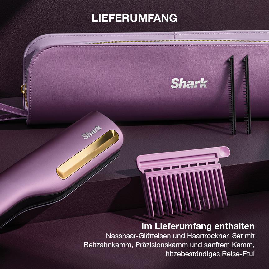 Lila Reiseetui mit Shark Glätteisen, Kamm und Haartrockner.