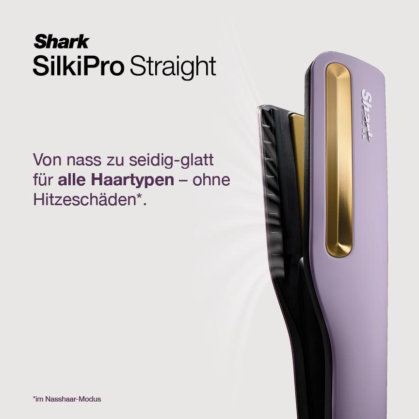 Lila Shark SilkiPro Straight Glätteisen trocknet und glättet nasses Haar.