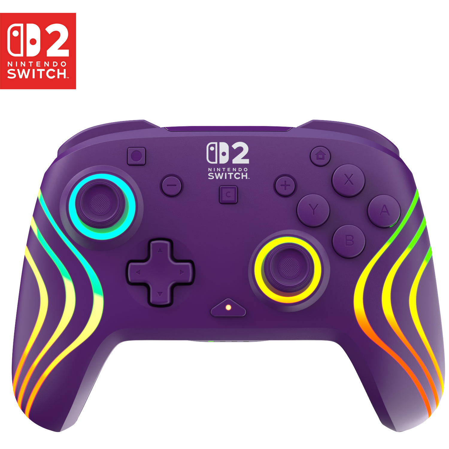 Purple Nintendo Switch controller with glowing neon-like stripes and illuminated buttons.