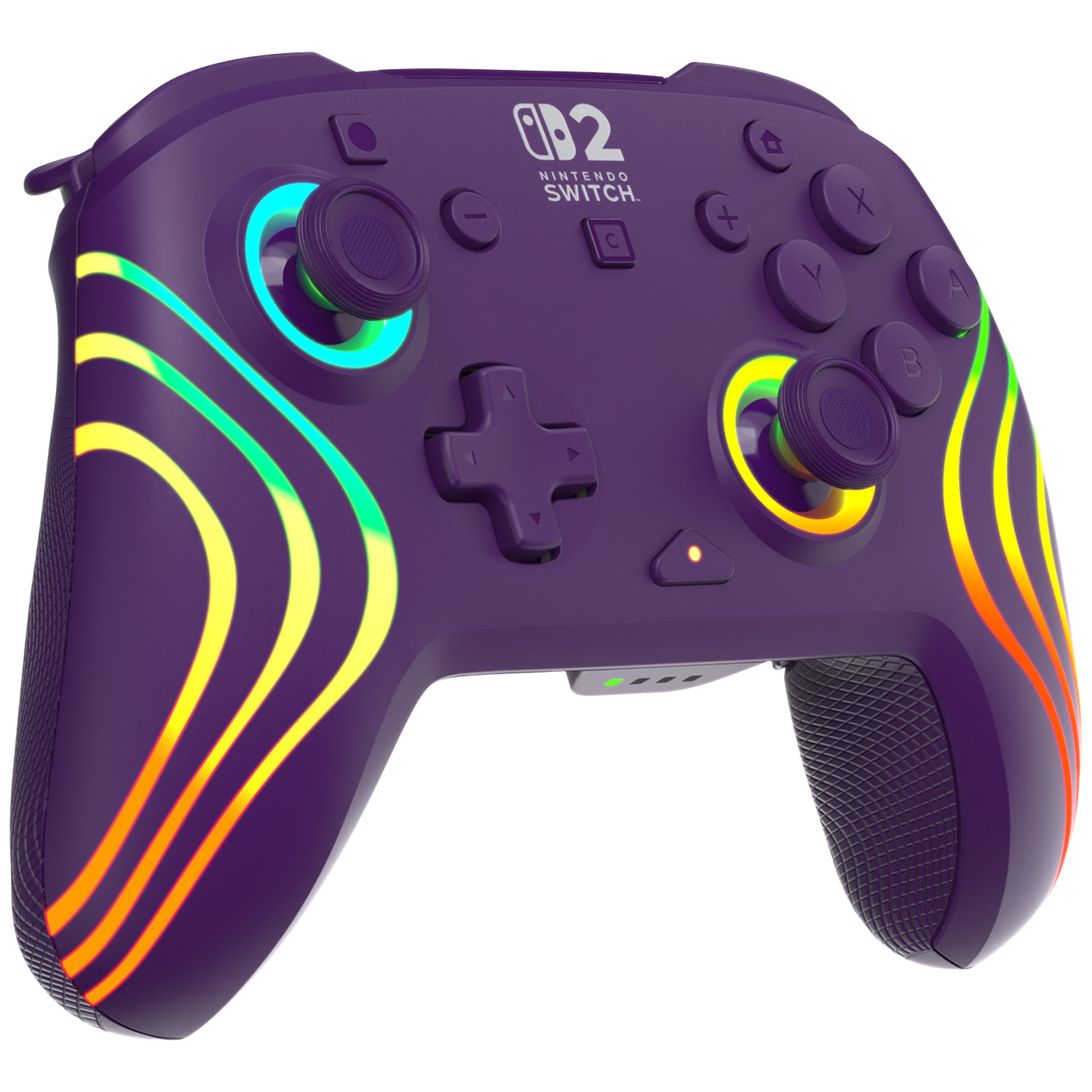 Purple Nintendo Switch controller with colorful stripes and glowing rings.