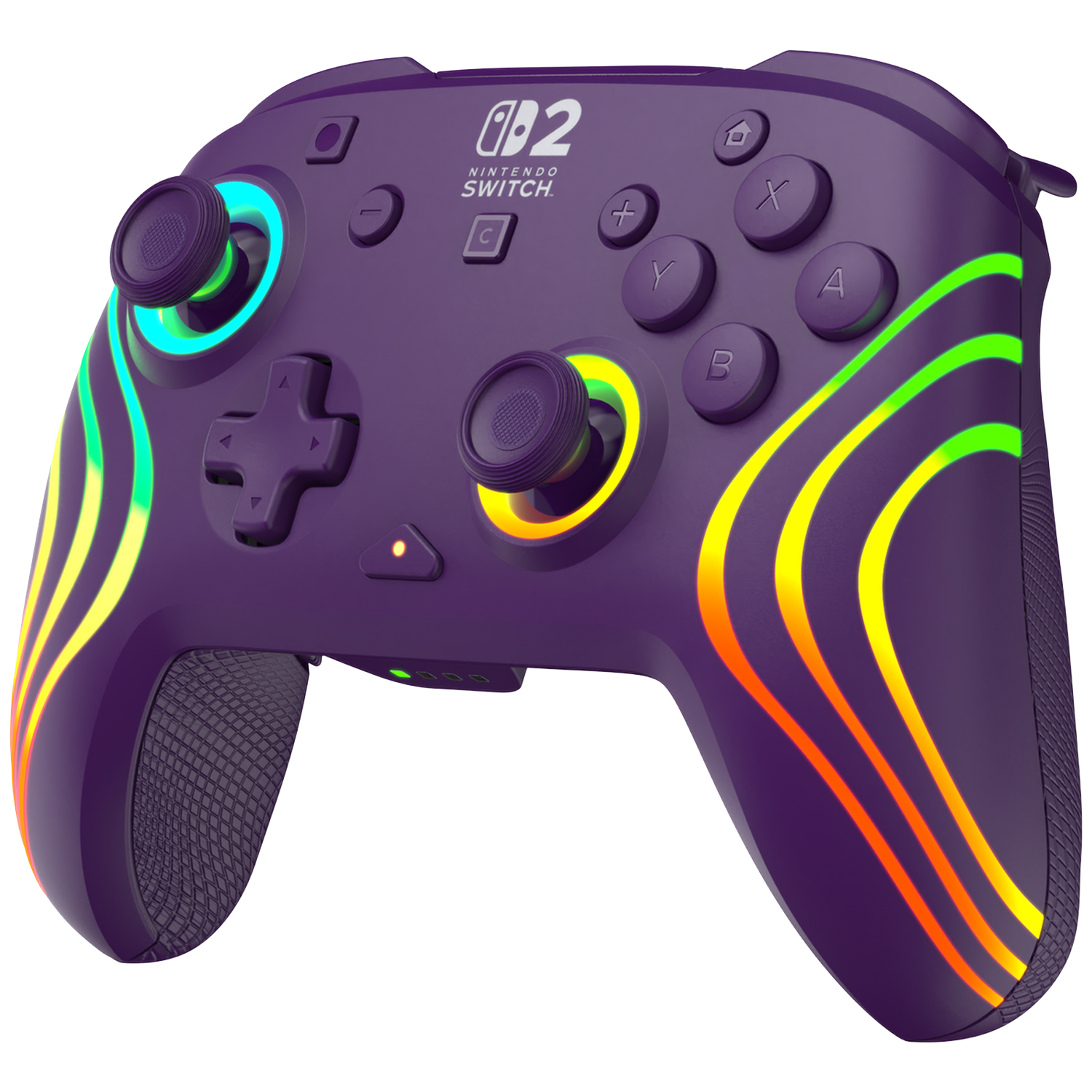 Purple Nintendo Switch controller with glowing green, yellow, and orange stripes.