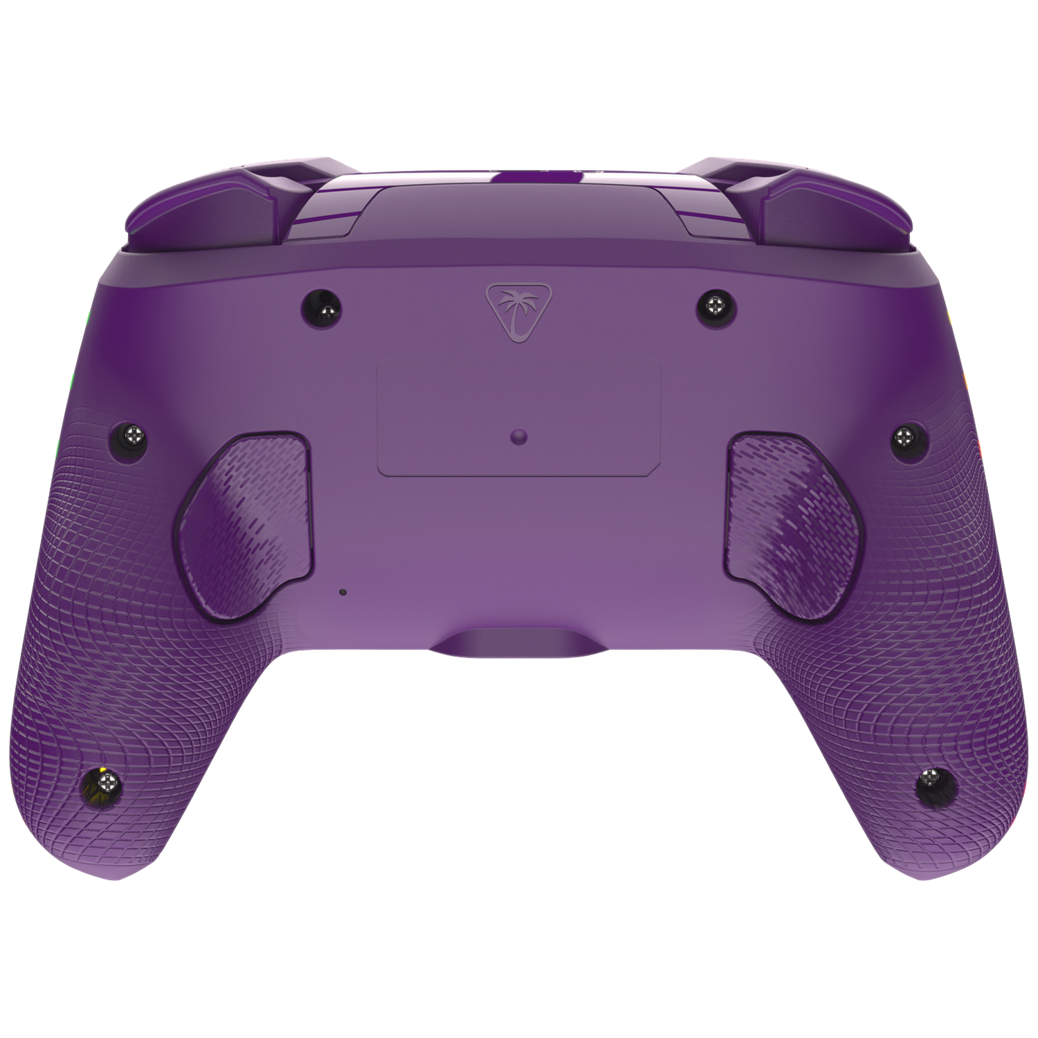 Purple game controller rear view with textured grips and screws.