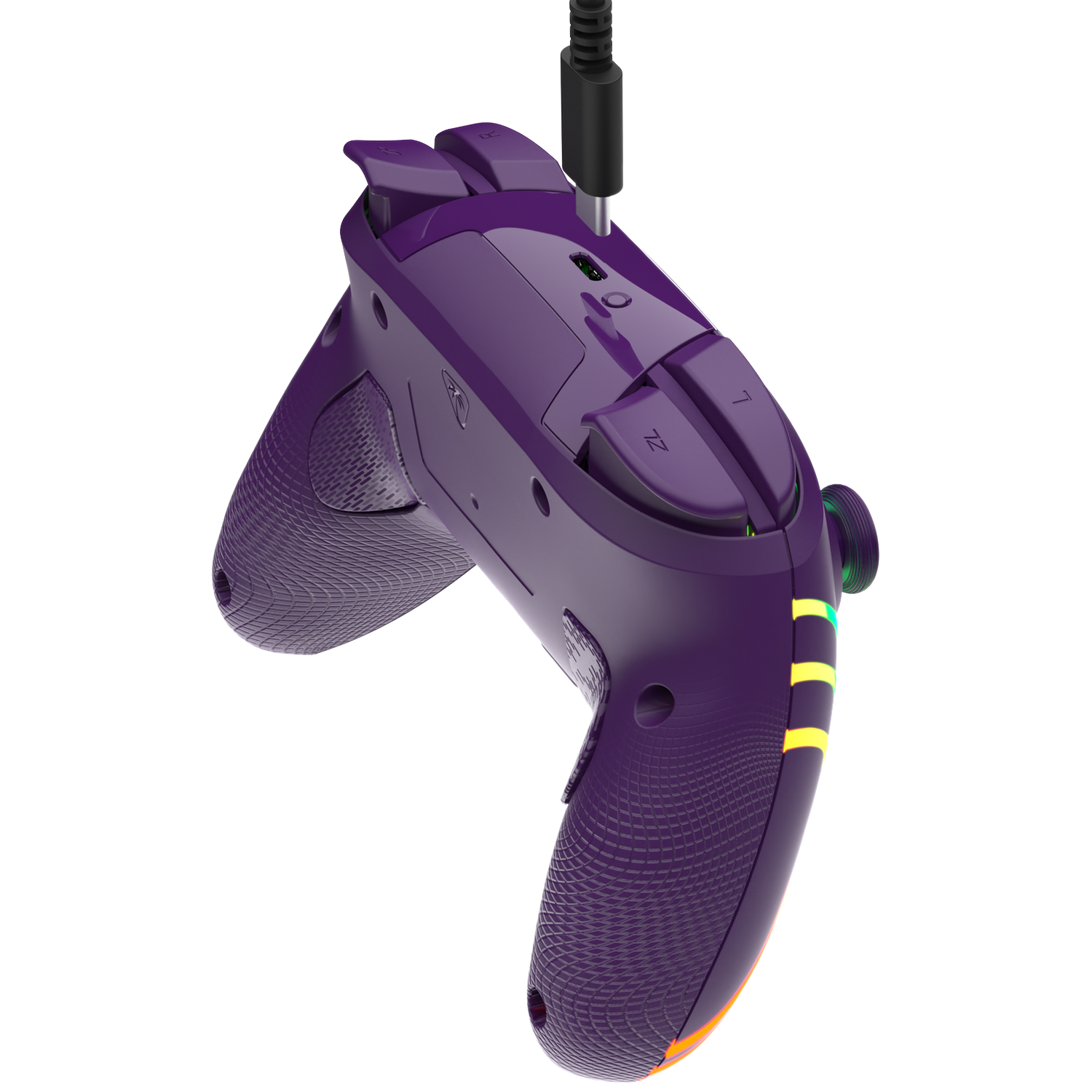 Purple game controller with cable, L and R buttons, and illuminated strip.